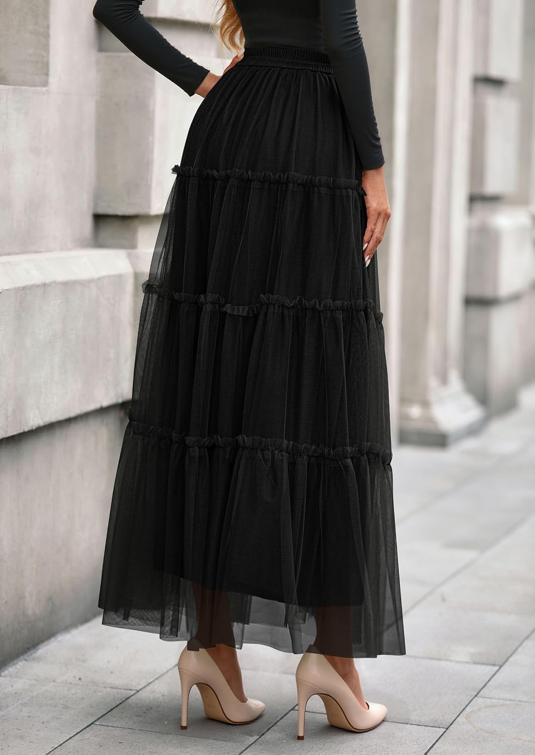 Women's Tulle Tiered Maxi Skirt Elastic Waist Black
