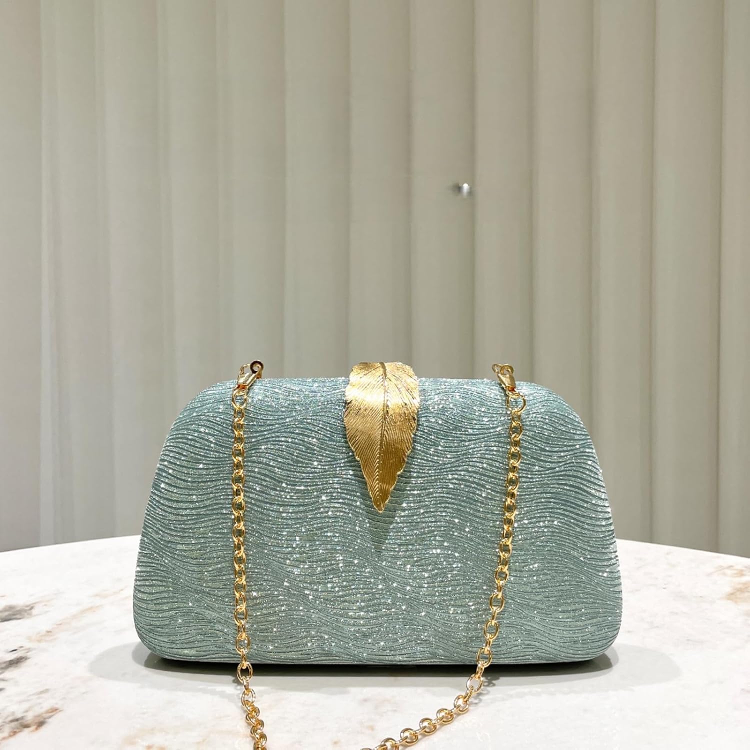 Women's Green Glitter Evening Clutch with Gold Chain