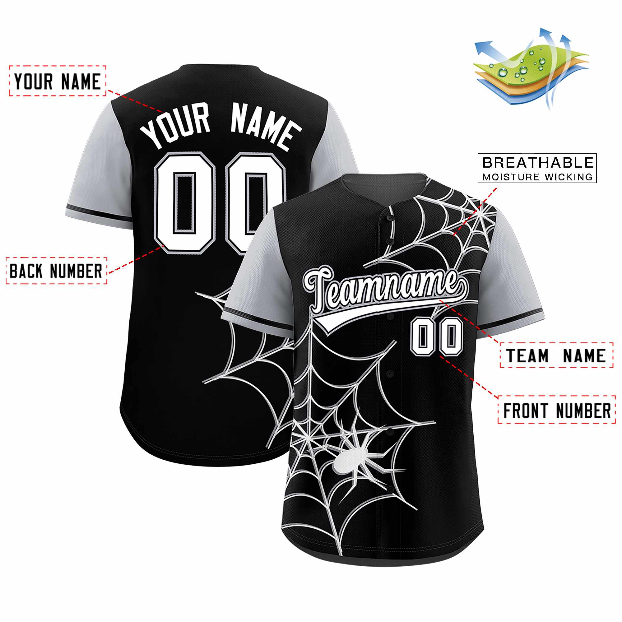 Benutzerdefiniertes Spinnennetz-Muster, Raglanärmel, authentisches Baseball-Trikot