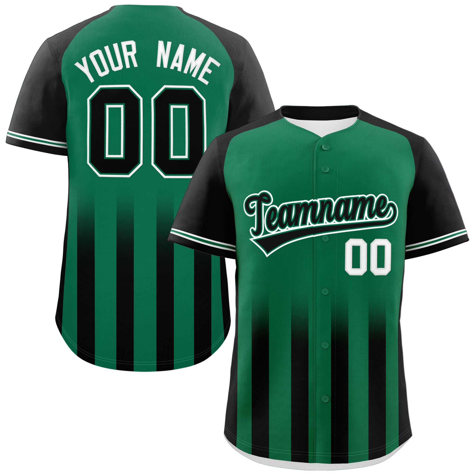 Benutzerdefiniertes Kelly Green Black Raglanärmel, Farbverlauf, dicke Streifen, authentisches Baseball-Trikot