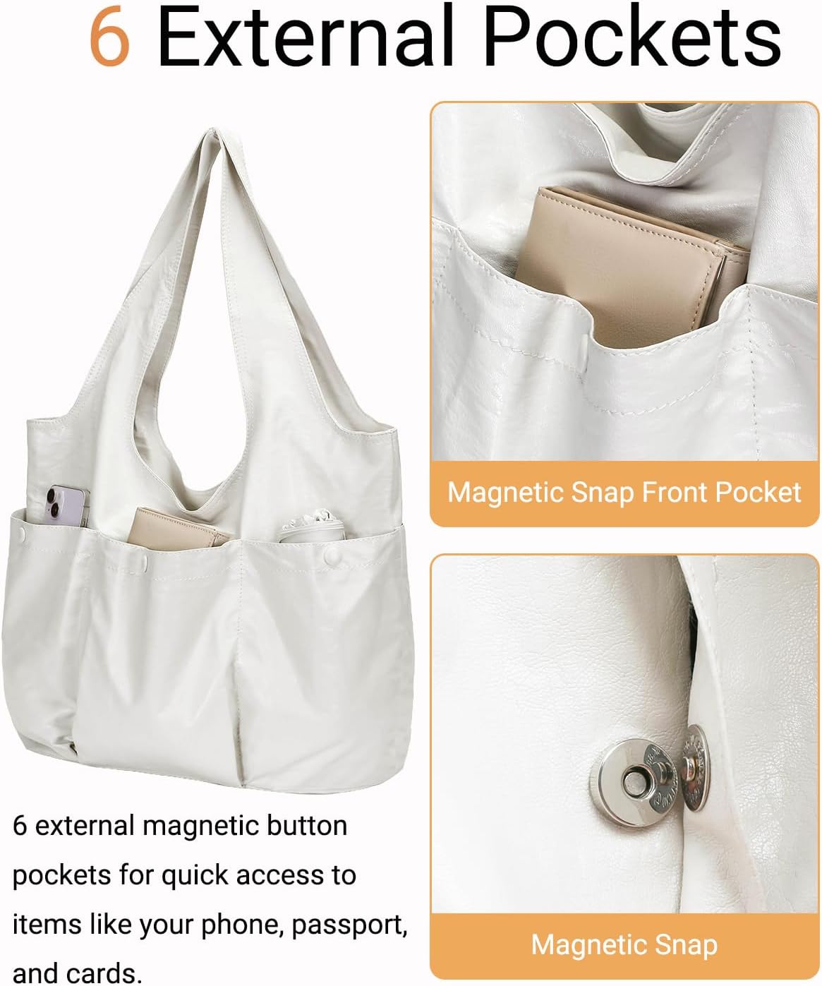 Women's Vegan Leather Hobo Tote with 6 External Pockets
