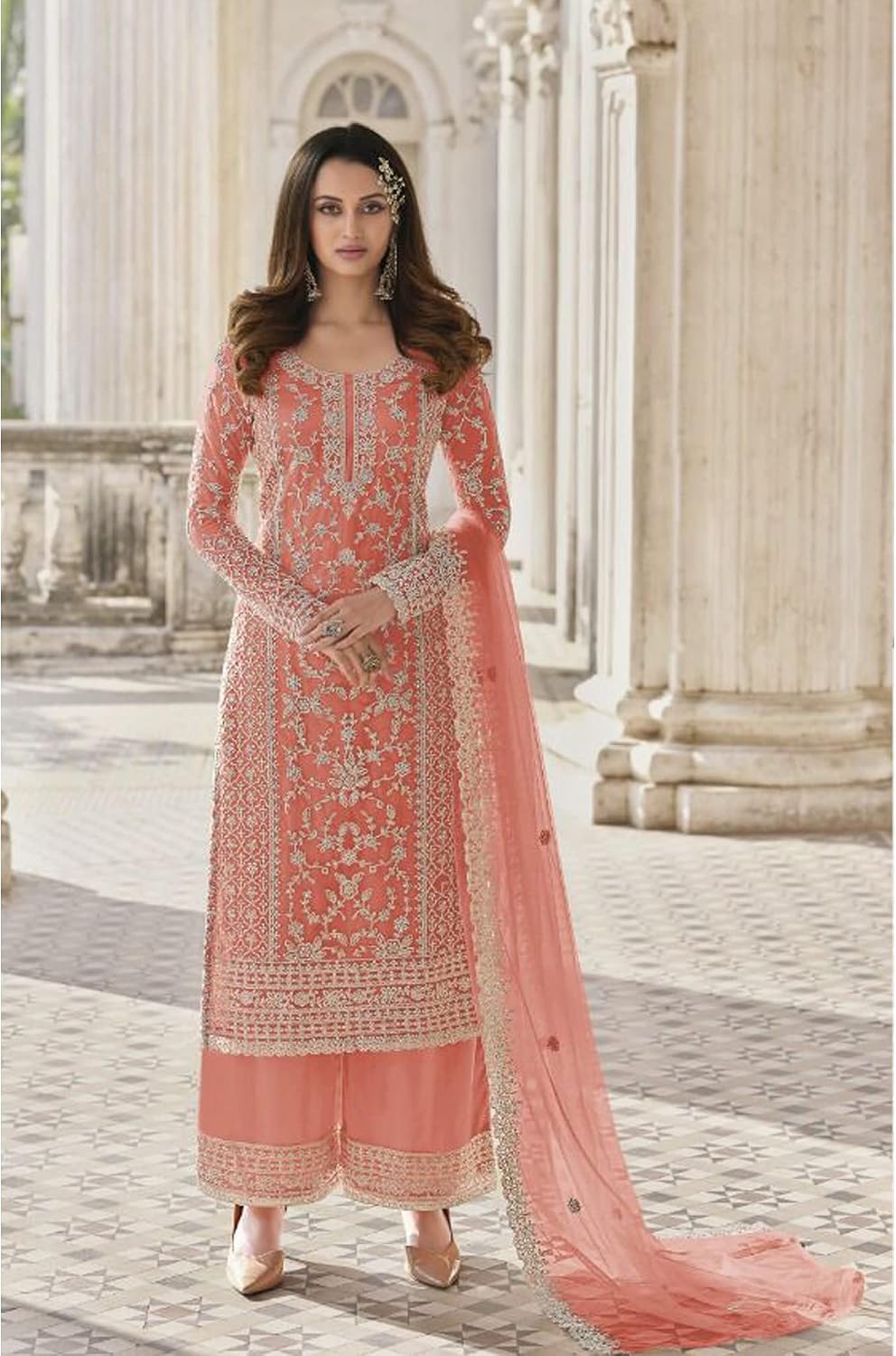 Women's Embroidered Salwar Kameez Suit Palazzo with Dupatta Peach