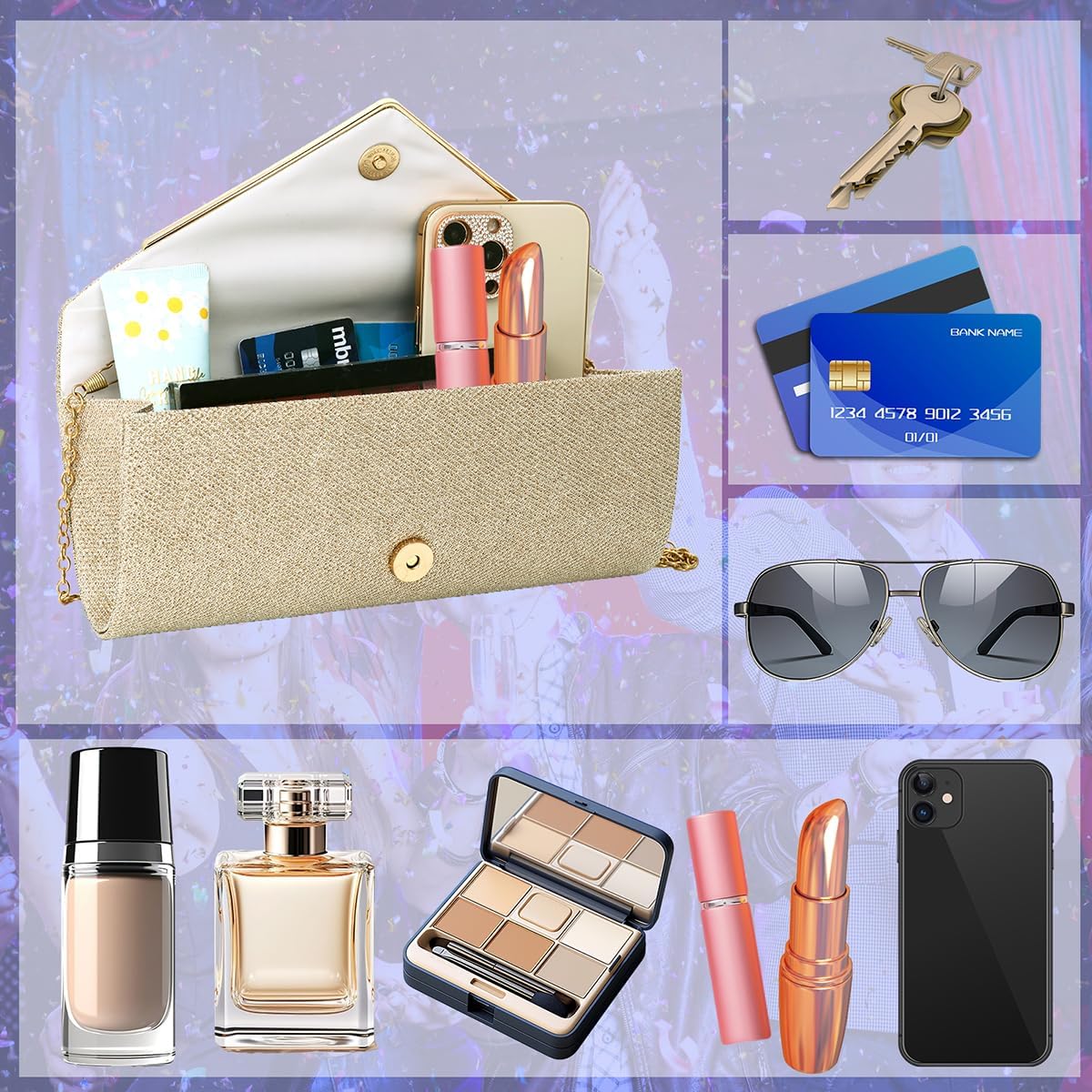 Women's Gold Glitter Envelope Clutch with Detachable Chain