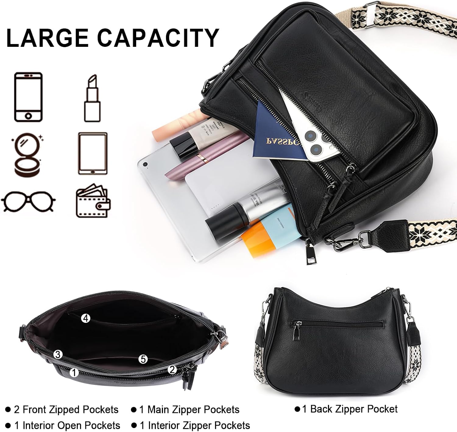 Women's PU Leather Multi-Pocket Hobo Crossbody Bag