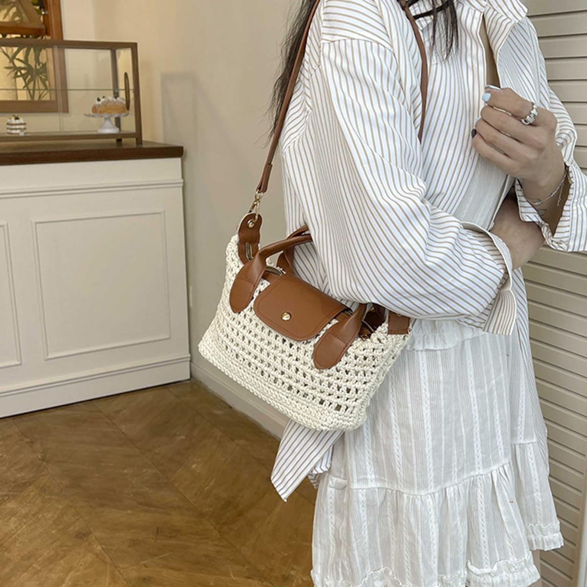 Women's Crochet Crossbody Bag with Leather Top Handle