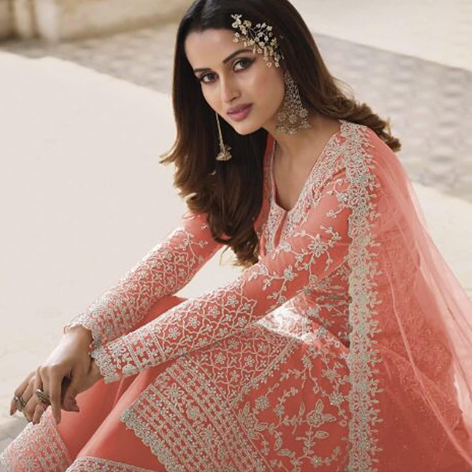 Women's Embroidered Salwar Kameez Suit Palazzo with Dupatta Peach