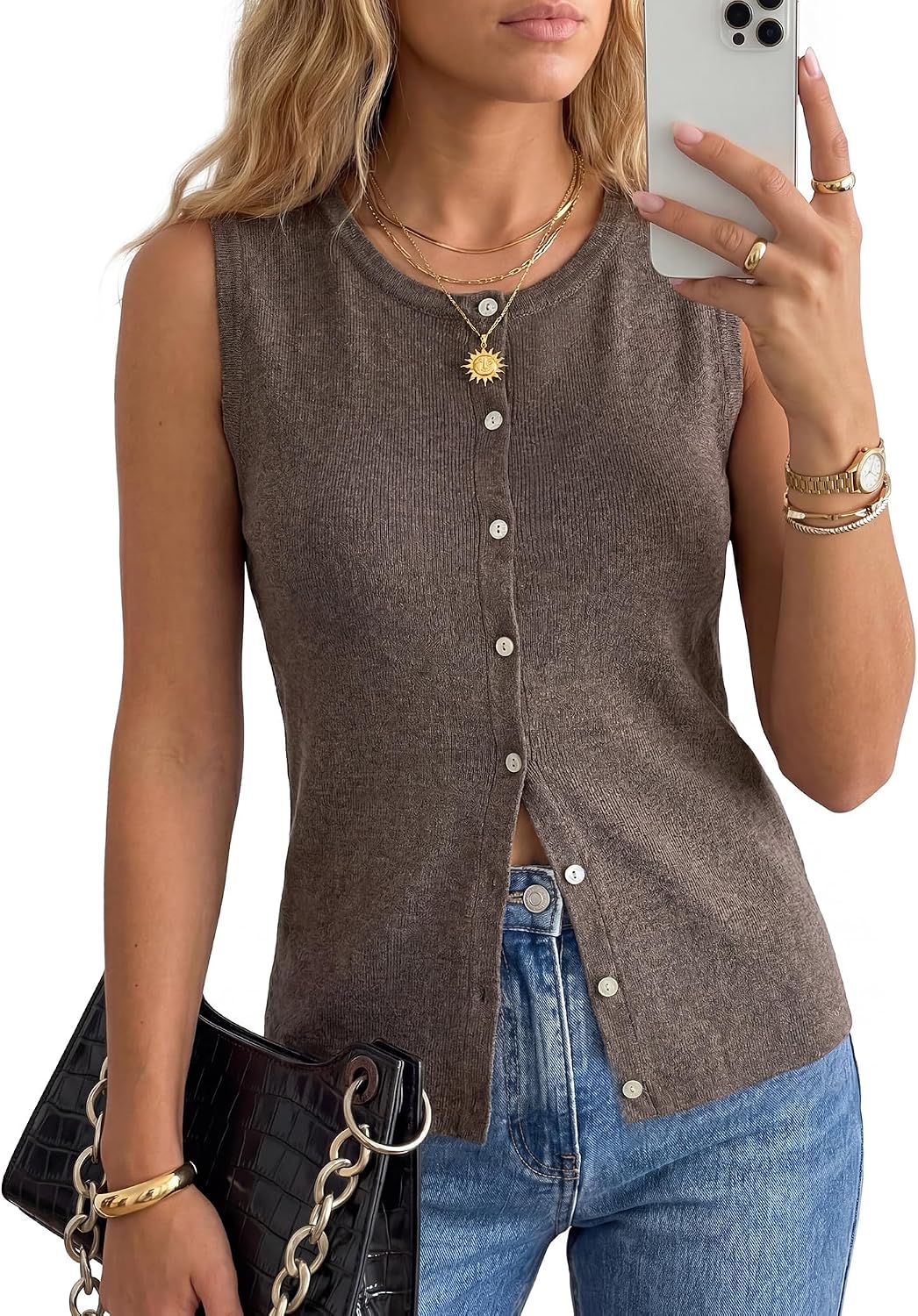 Women's Brown Button Down Crew Neck Knit Tank