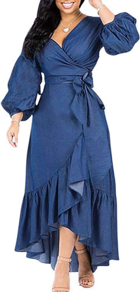 Womens Casual Belted Long Sleeve Denim Dress Wrapped V-Neck Ruffle Hem Maxi Dresses for Women