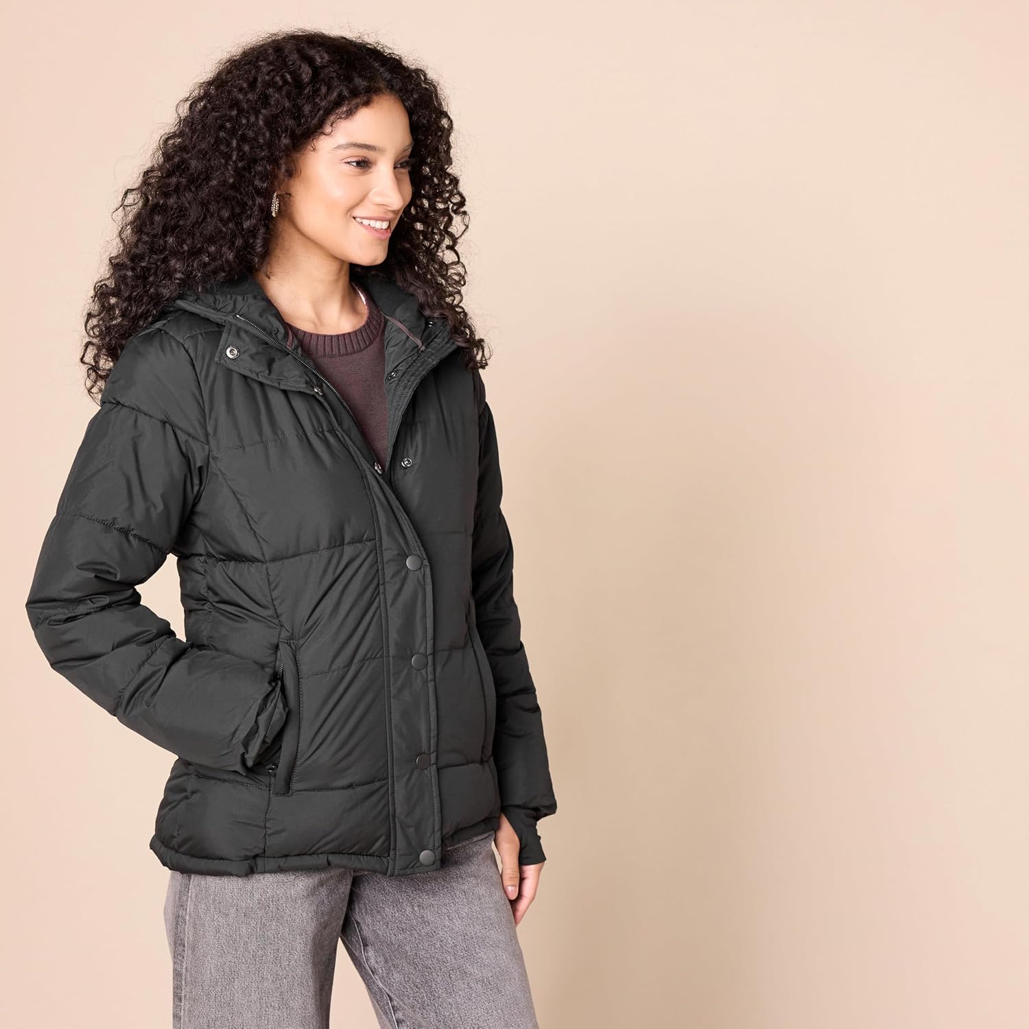 Women's Heavyweight Quilted Hooded Puffer Coat Snap Front Black