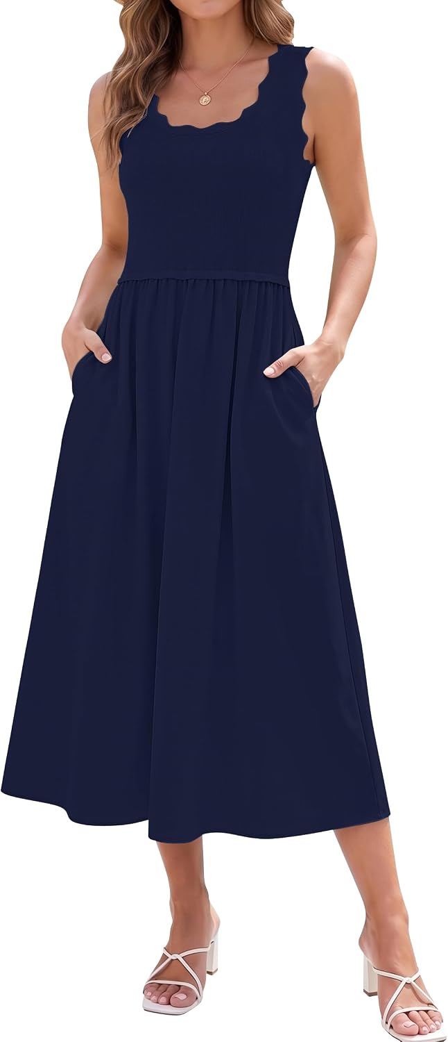 Women's Scalloped Neck Midi Dress Sleeveless Navy with Pockets