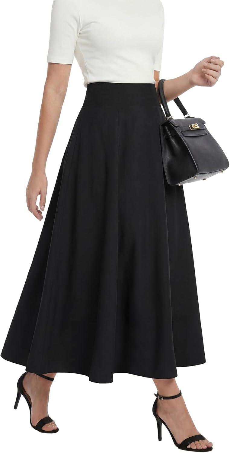 Women's High Waist Maxi Skirts Pleated A Line Flared Flowy Elastic Long Skirt with Pockets