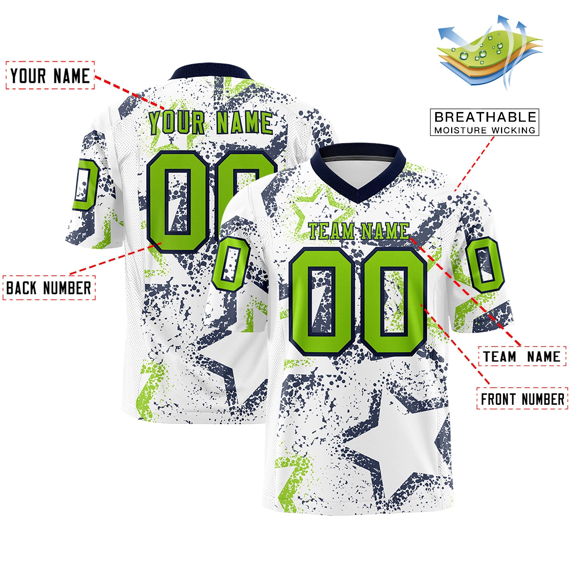 Benutzerdefiniertes, personalisiertes Star-Graffiti-Muster in Weiß, Marineblau und Neongrün, authentisches Fußballtrikot