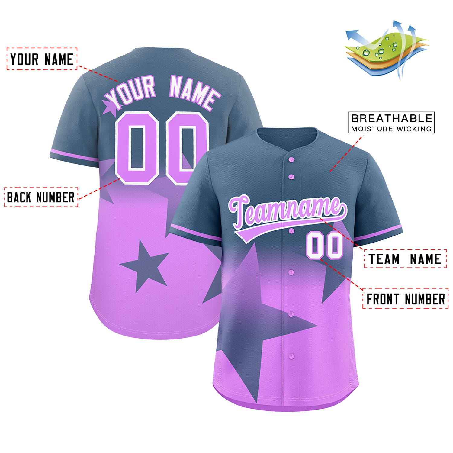 Benutzerdefiniertes authentisches Baseball-Trikot mit gräulich-blau-hellviolettem Farbverlauf-Stern-Graffiti-Muster