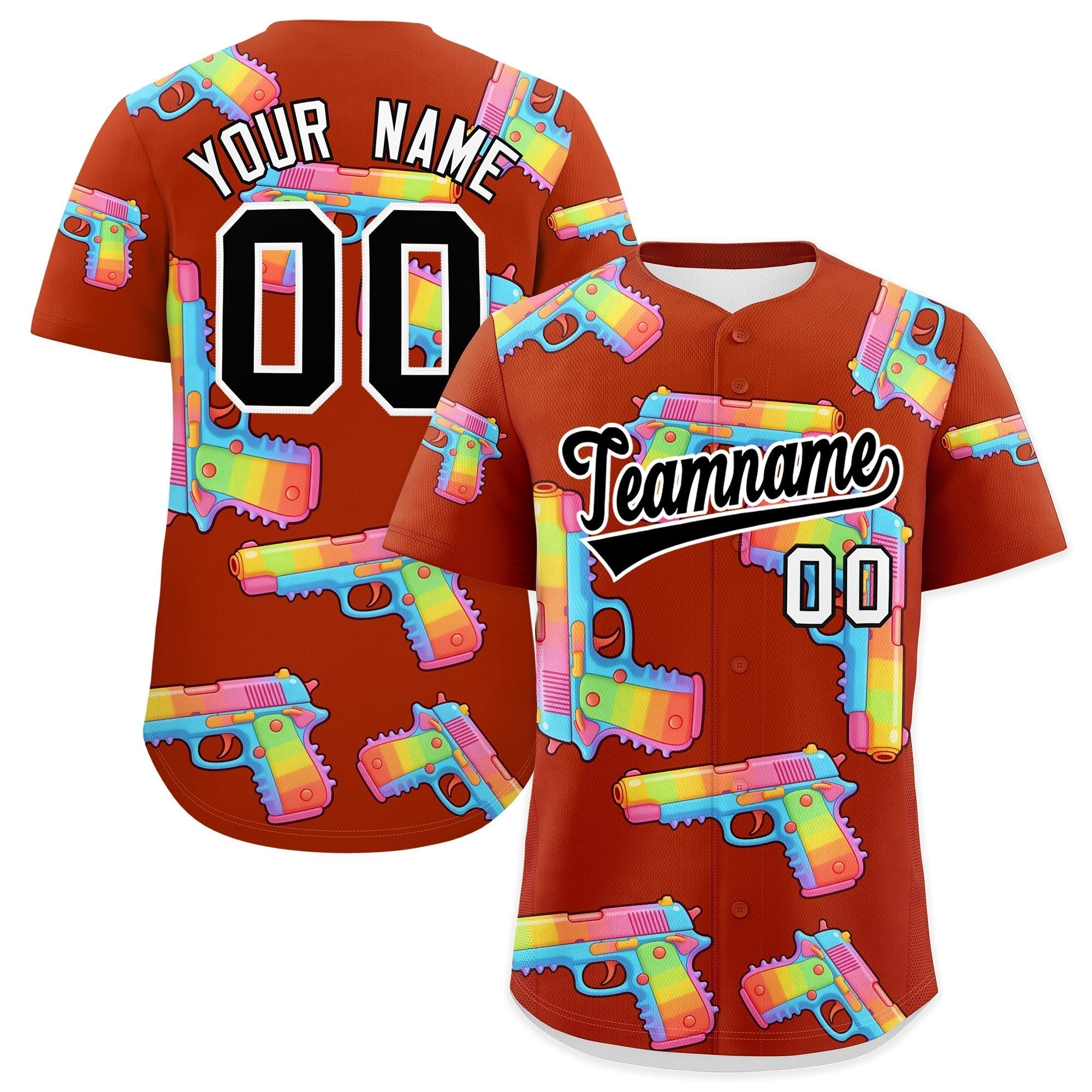 Benutzerdefiniertes atmungsaktives Baseball-Trikot mit dunkelorange-schwarzem, mit Zucker überzogenem Firepower-Graffiti-Muster