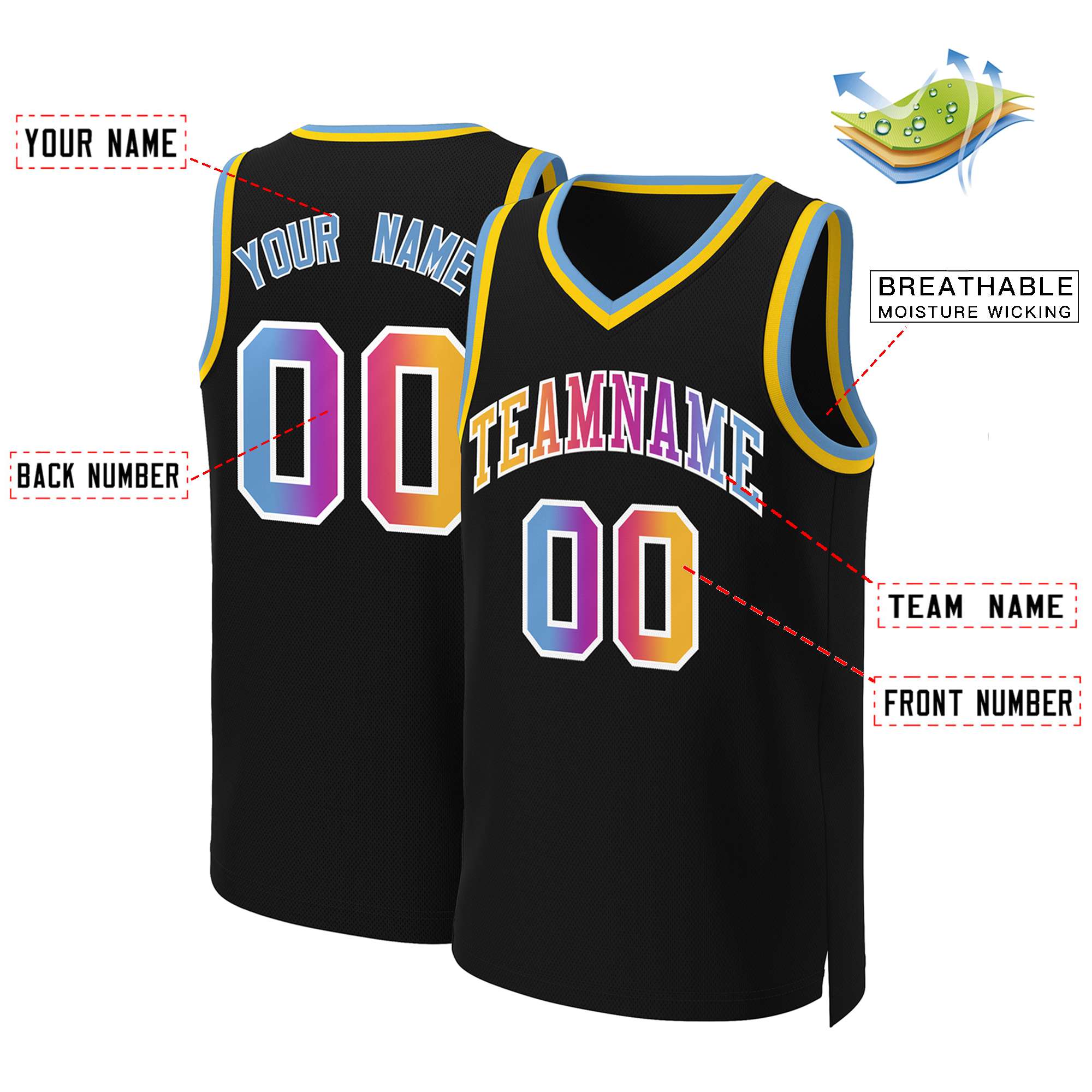 Benutzerdefiniertes Basketballtrikot mit klassischem Farbverlauf und modischen Oberteilen