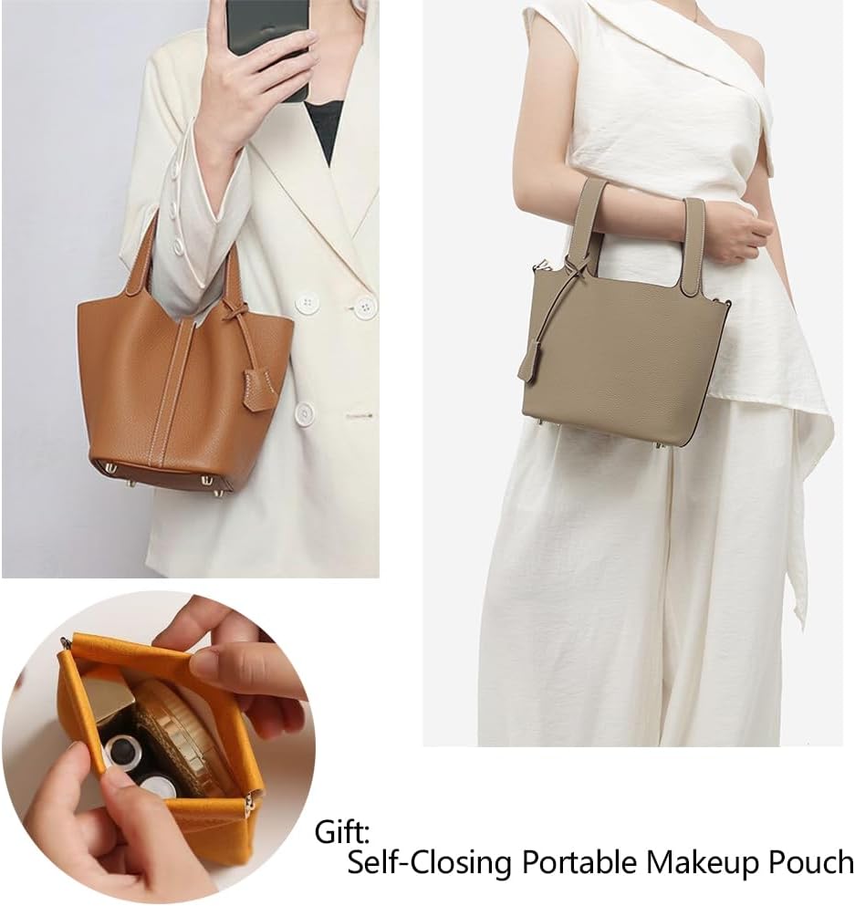 Women's Genuine Leather Bucket Tote Handbag With Lock Beige