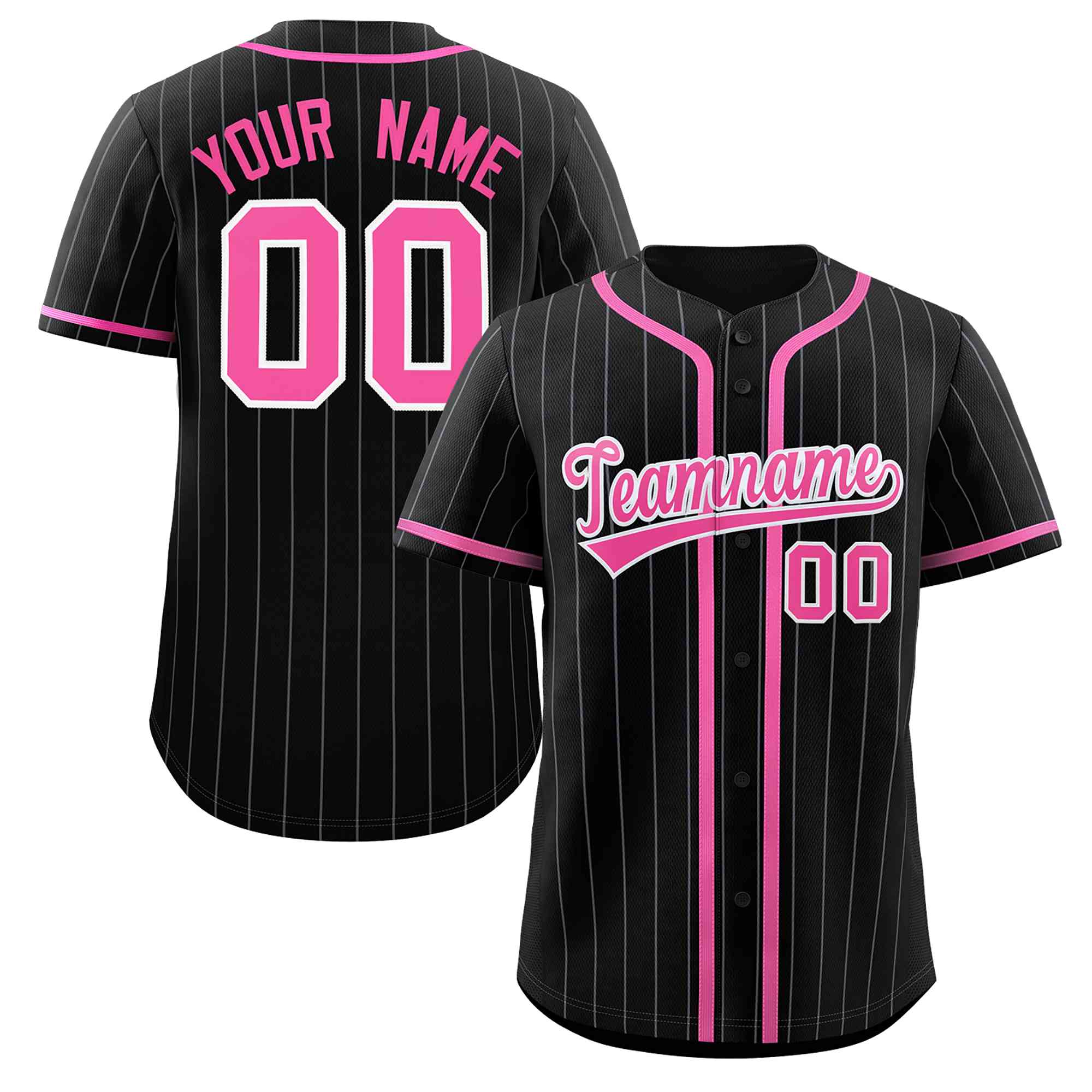 Benutzerdefiniertes authentisches Baseball-Trikot mit schwarzen, rosa und hellgrauen Streifen, modischem Design und durchgehenden Knöpfen