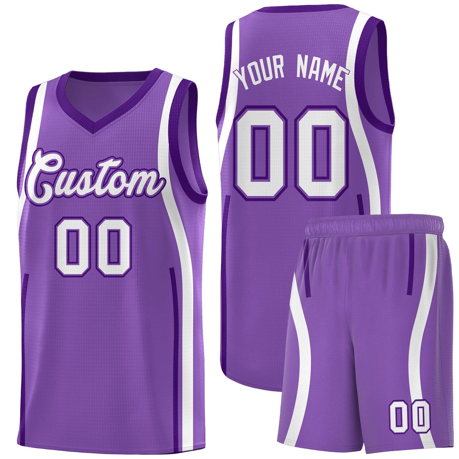Benutzerdefinierte helllila lila-weiße Bandmuster-Basketball-Kits