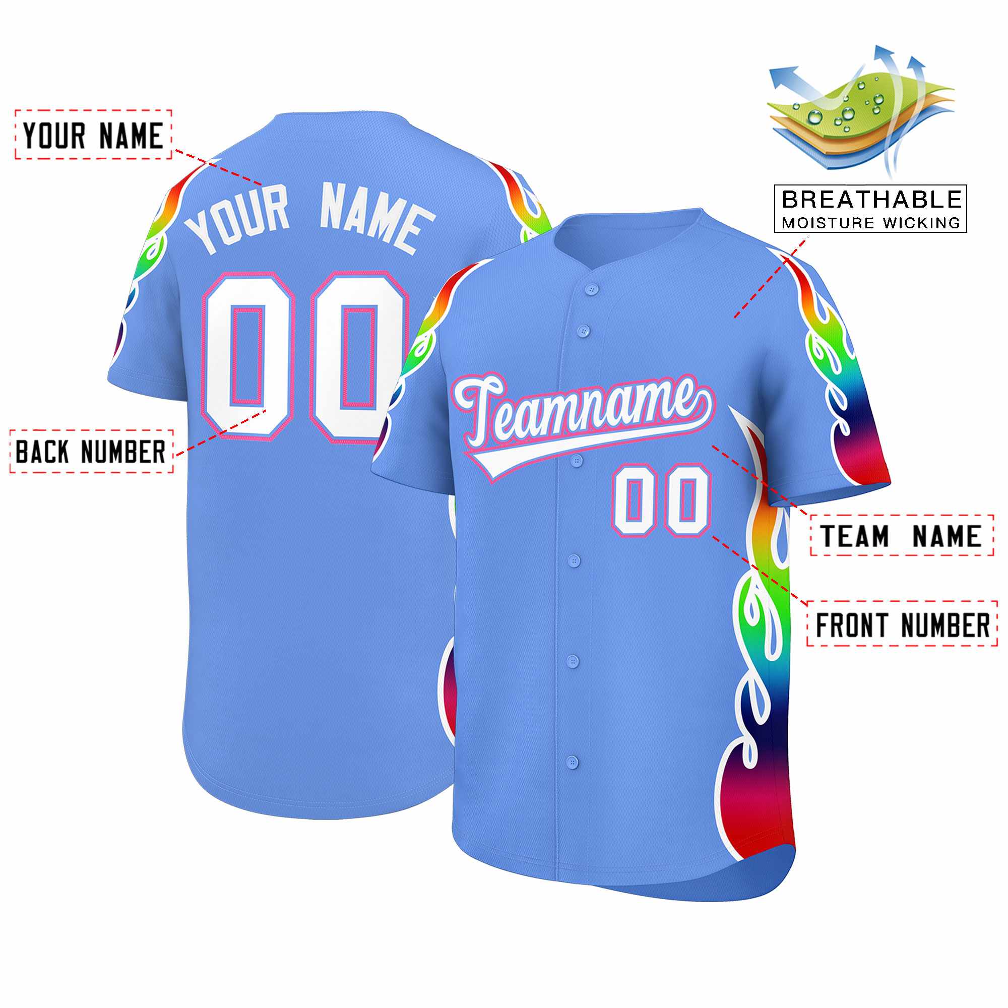 Benutzerdefiniertes Graffiti-Muster, personalisierter mehrfarbiger Flammendruck, authentisches Baseball-Trikot