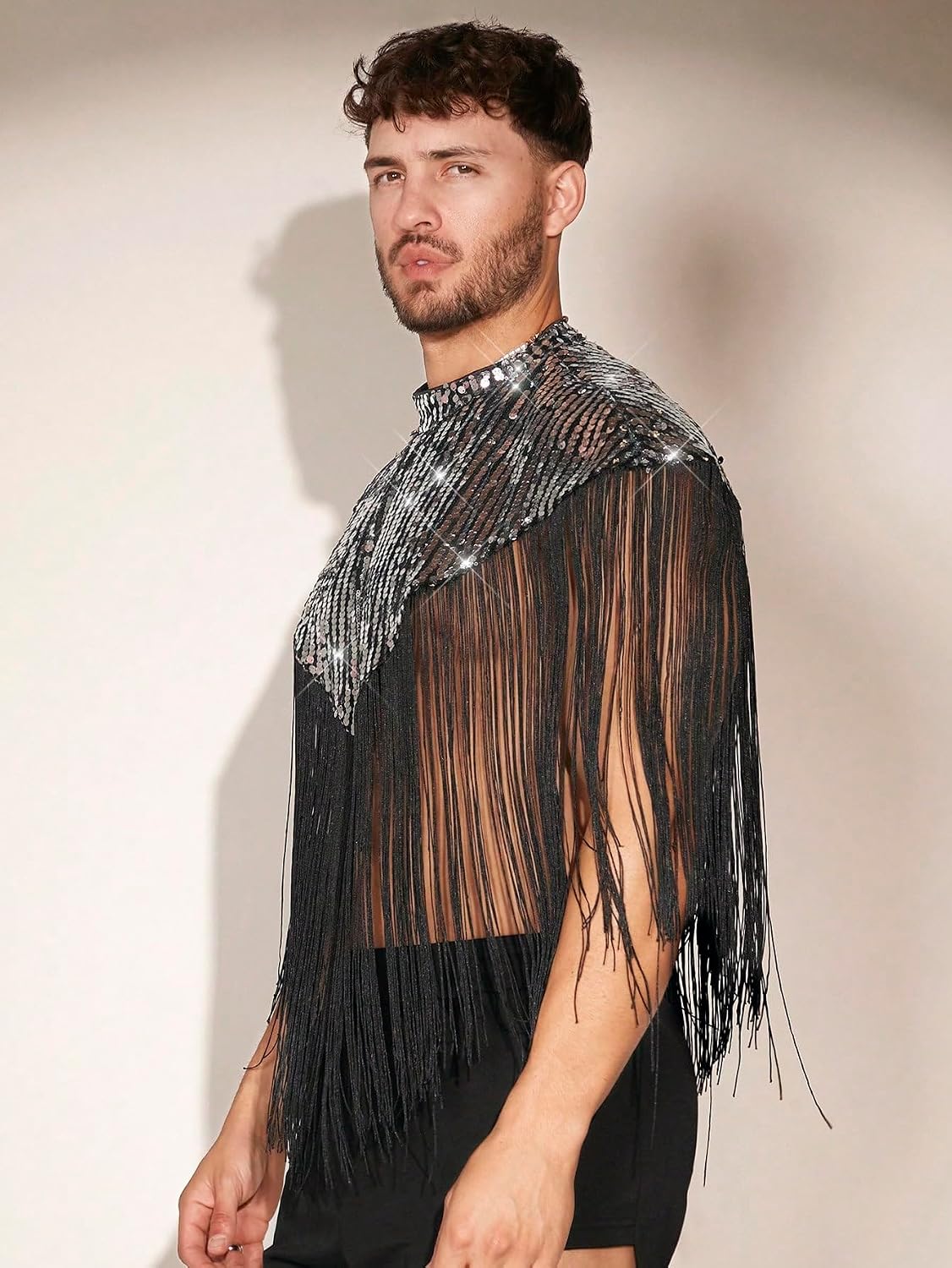 Men's Sequin Fringe Mock Neck Vest Top Black