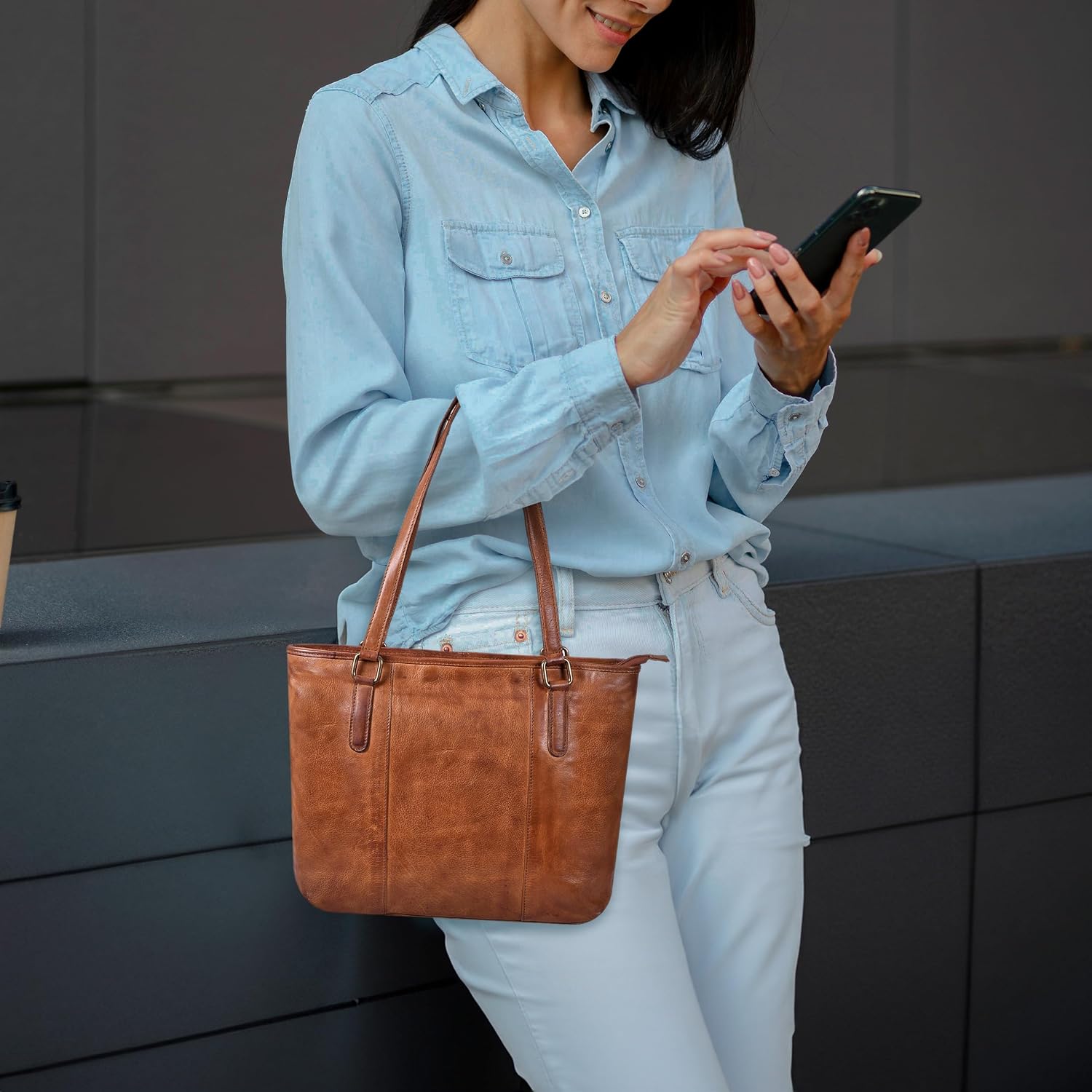 Women's Vegan Leather Tote Bag Brown Zipper