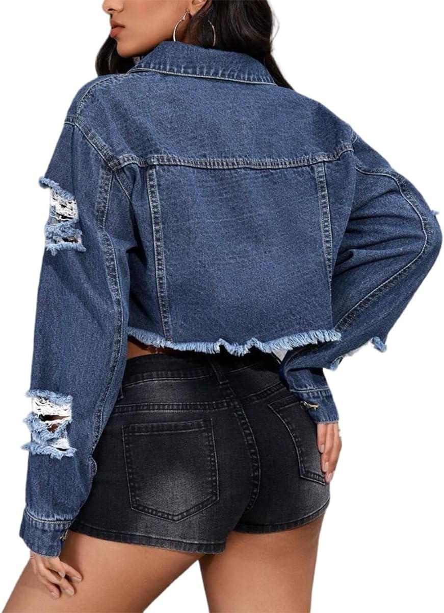 Women's Cropped Jean Jacket Ripped Long Sleeve Button Down Raw Hem Distressed Short Denim Jackets