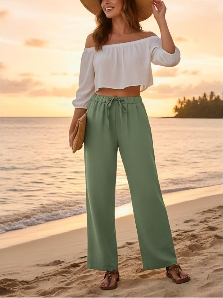 Womens Casual Pants Drawstring Elastic High Waisted Fit Straight Summer Beach Dress Trousers