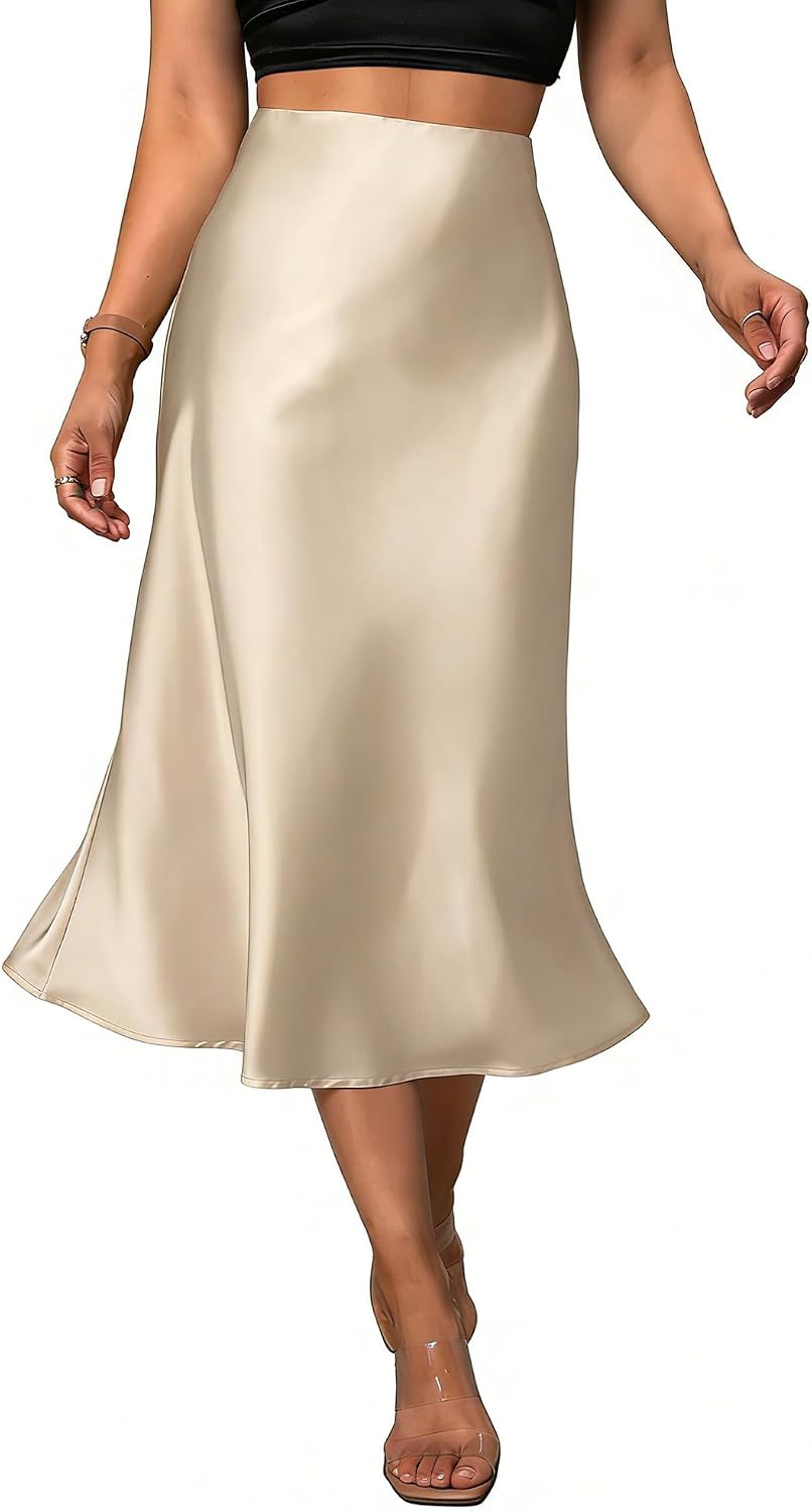 Women's Satin Midi Skirt Fishtail High Waist Champagne