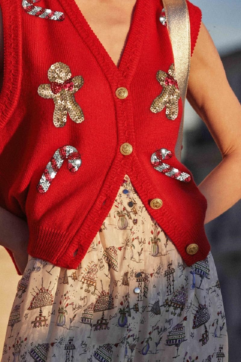 Women's Sequin Gingerbread V Neck Sweater Vest