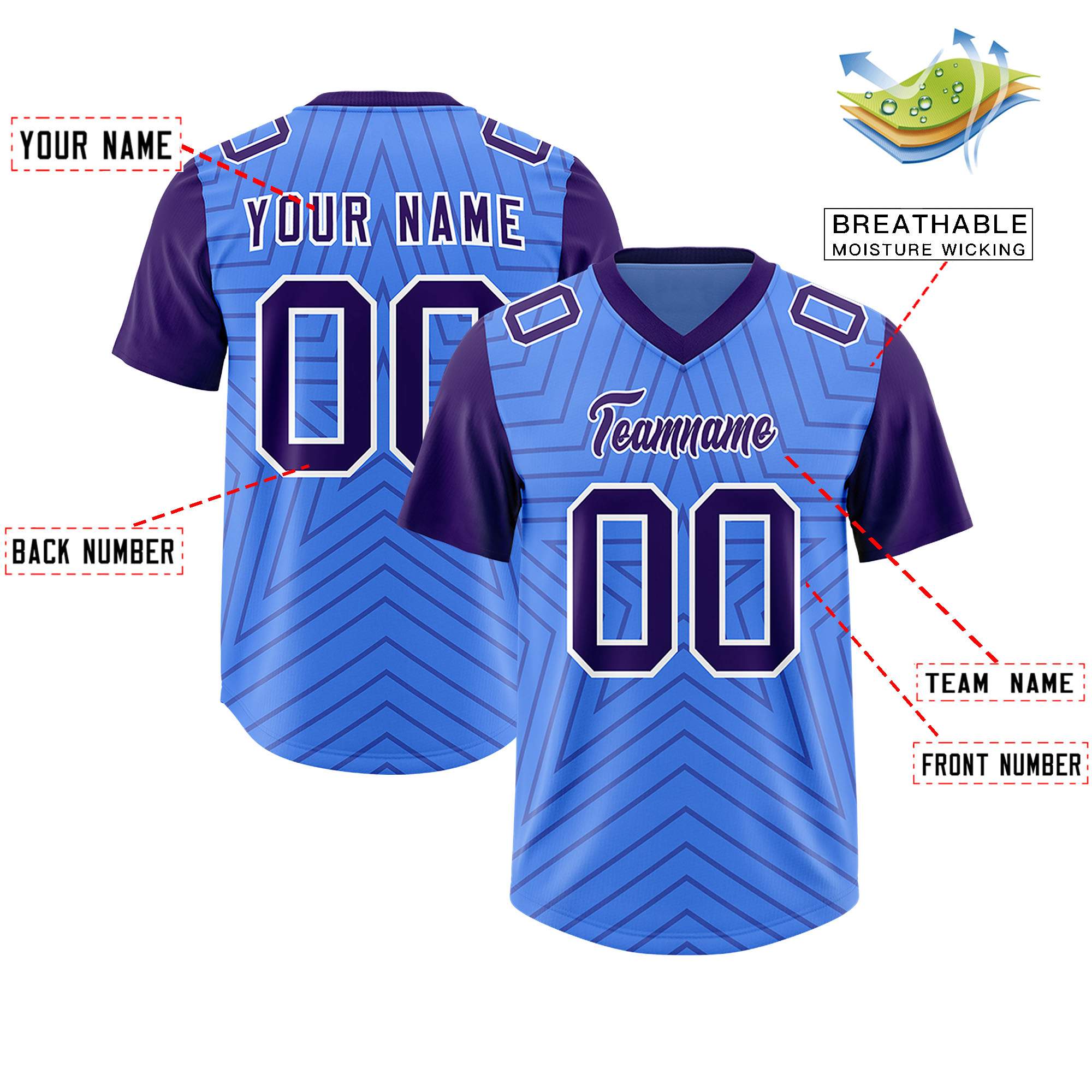 Individuell personalisiertes, authentisches Fußballtrikot mit Raglanärmeln und Sternenmuster