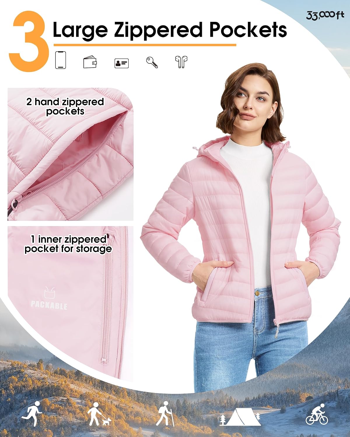 Women's Packable Hooded Puffer Jacket Lightweight Pink