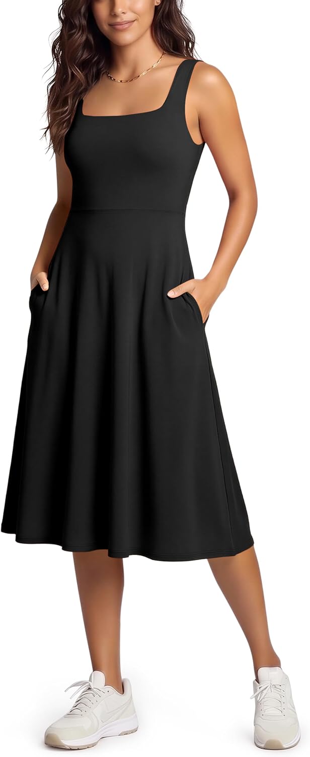 Women's Square Neck Midi Dress Flare Black with Pockets