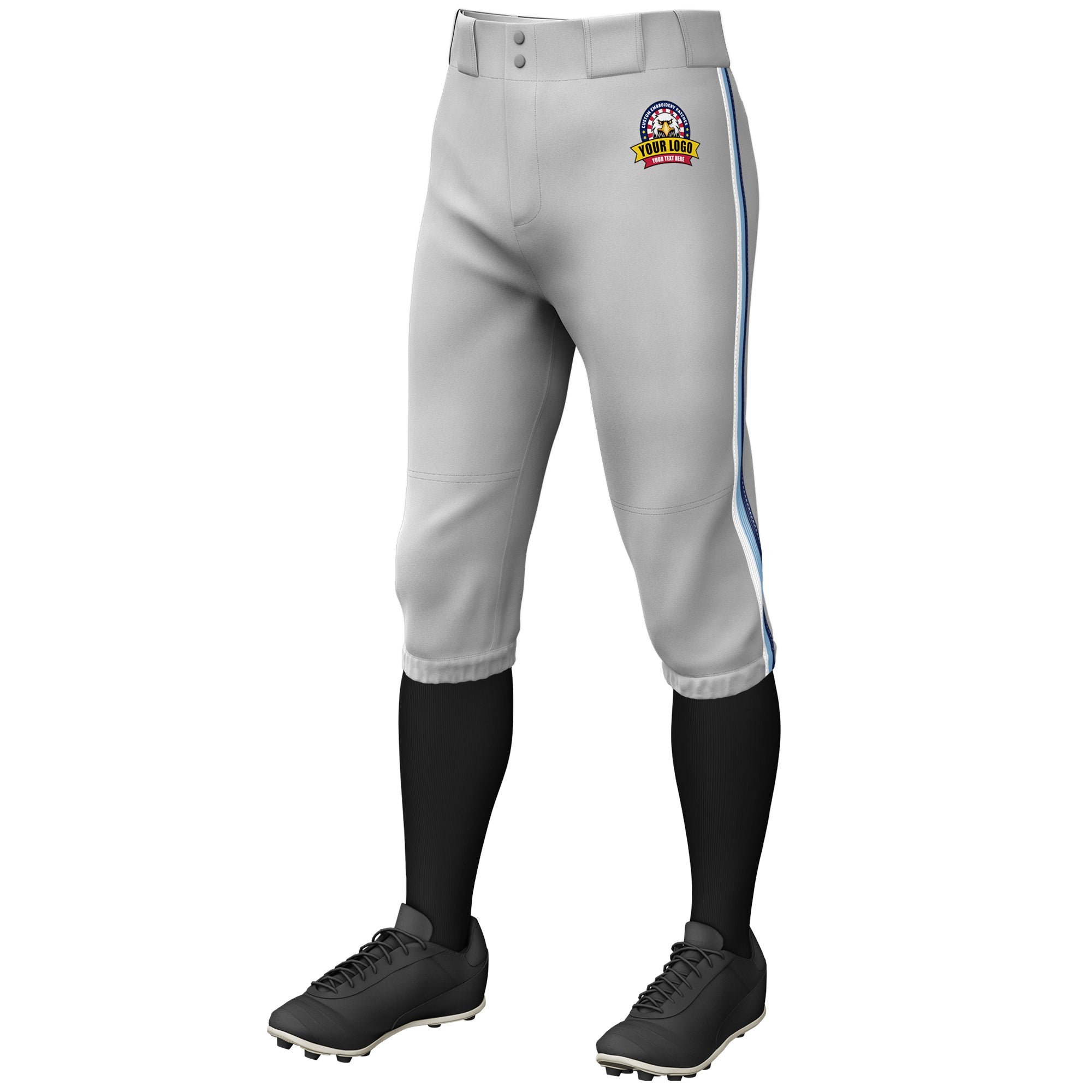 Custom Gray White Light Blue-Navy Classic Fit Stretch Practice Knickers Baseball Pants