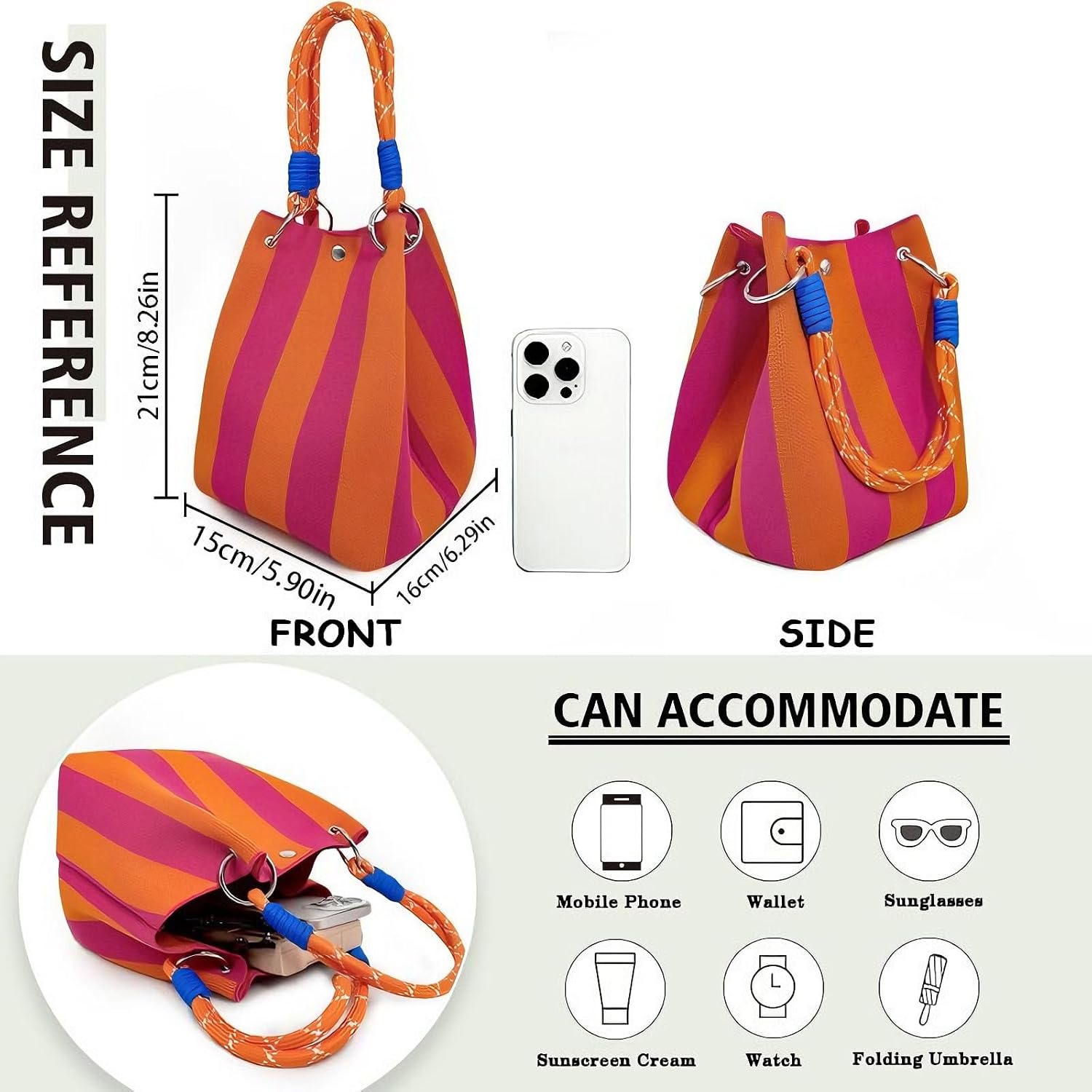Women's Knit Striped Mini Bucket Tote Orange