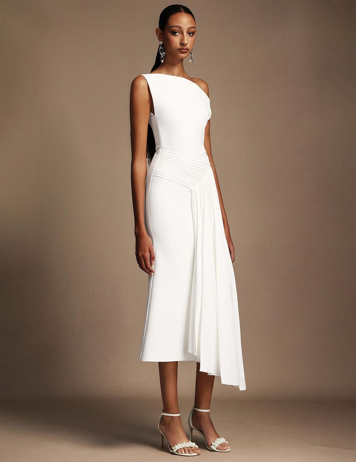Chic Oblique Shoulder Sleeveless Pleated Cocktail Dress for Women Maxi Design Irregular Hem Party Chic Oblique Shoulder Sleeveless Pleated Cocktail Dress for Women Maxi Design Irregular Hem Party