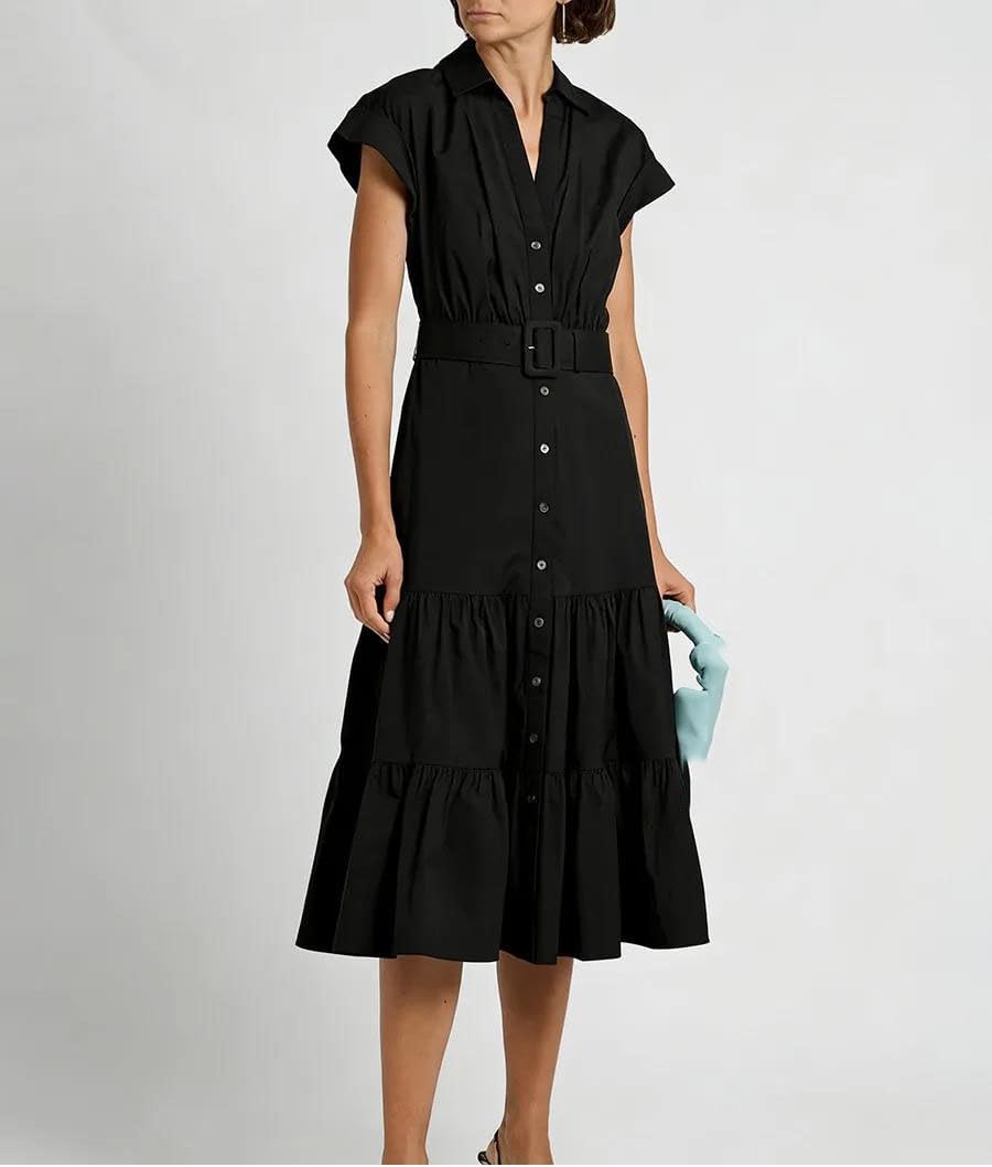Women's Belted Shirt Midi Dress Collared Short Sleeve Black