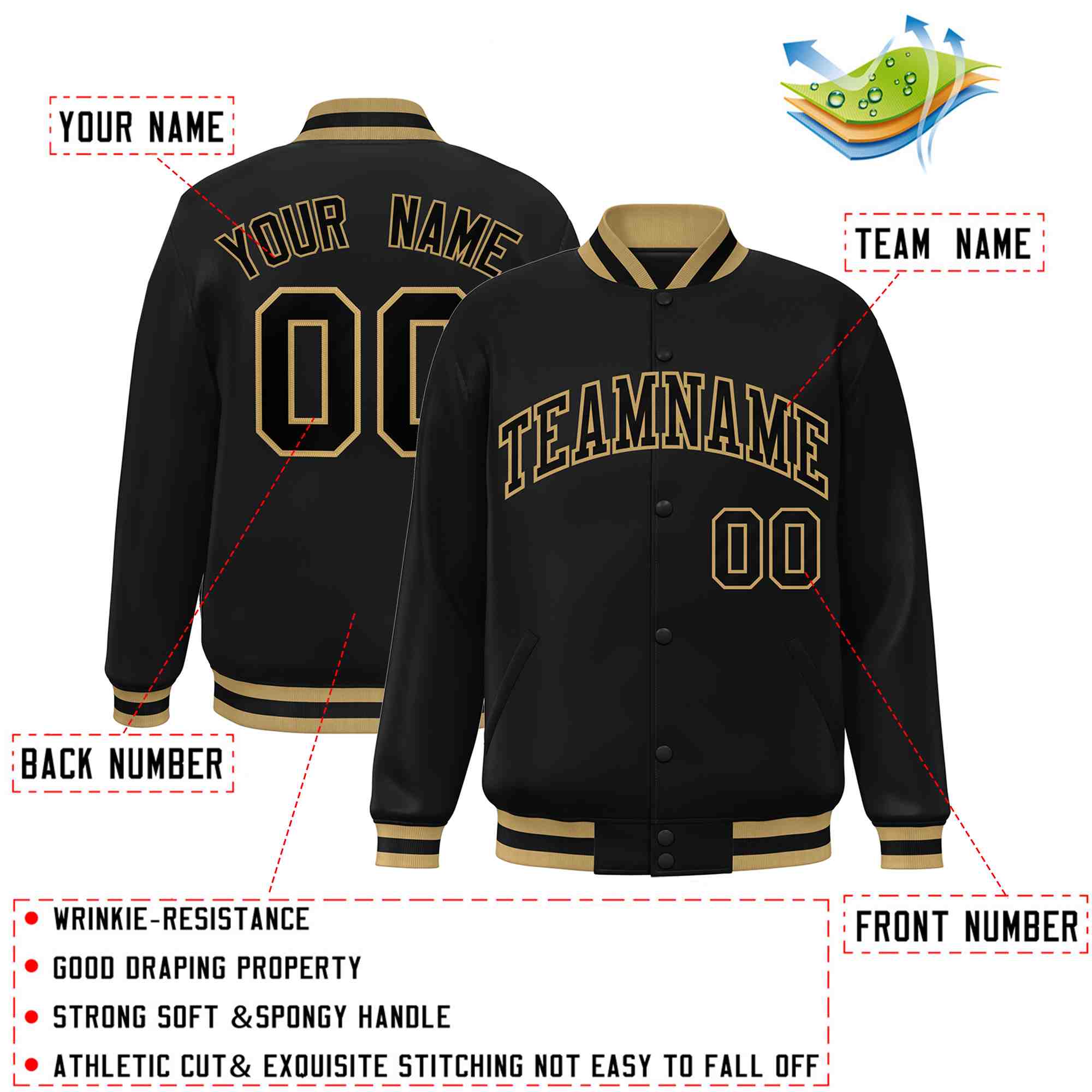 Custom Black-Old Gold Classic Style Varsity Full-Snap Letterman Jacket