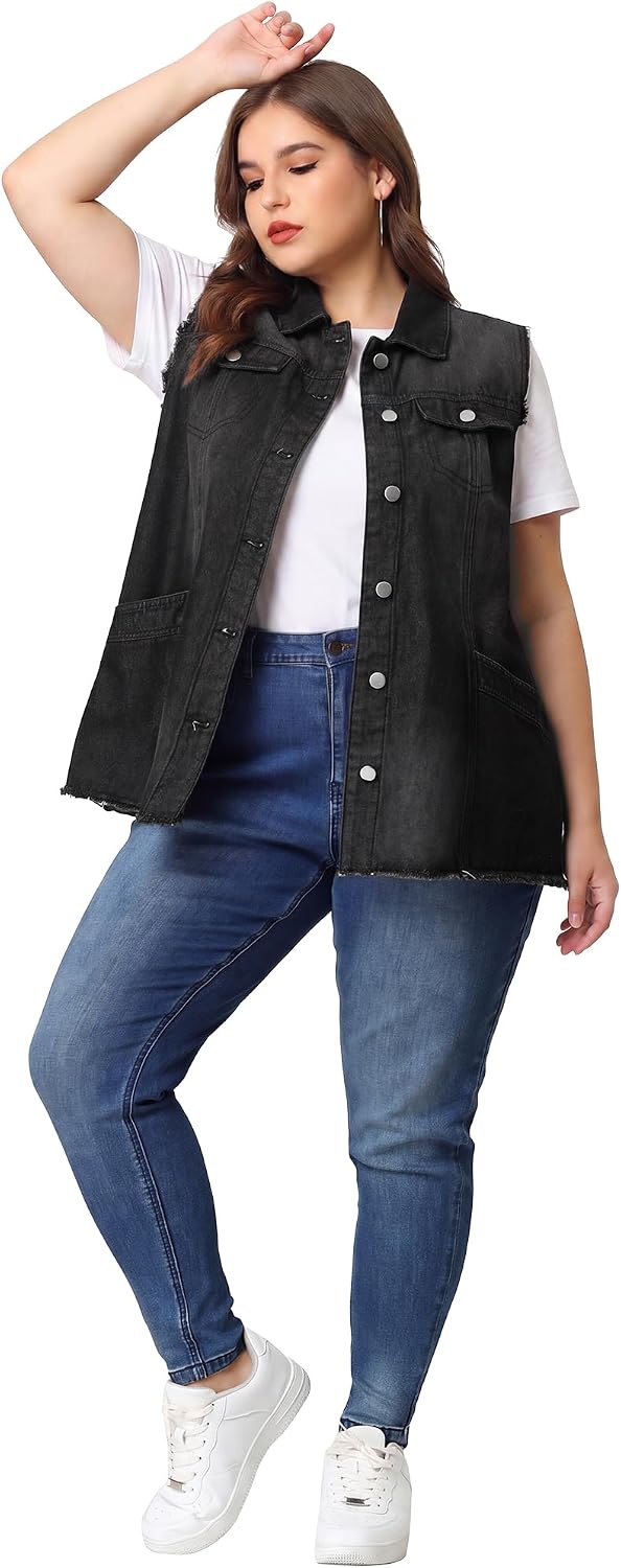 Women's Long Denim Vest Lapel Frayed Hem Washed Black Women's Long Denim Vest Lapel Frayed Hem Washed Black