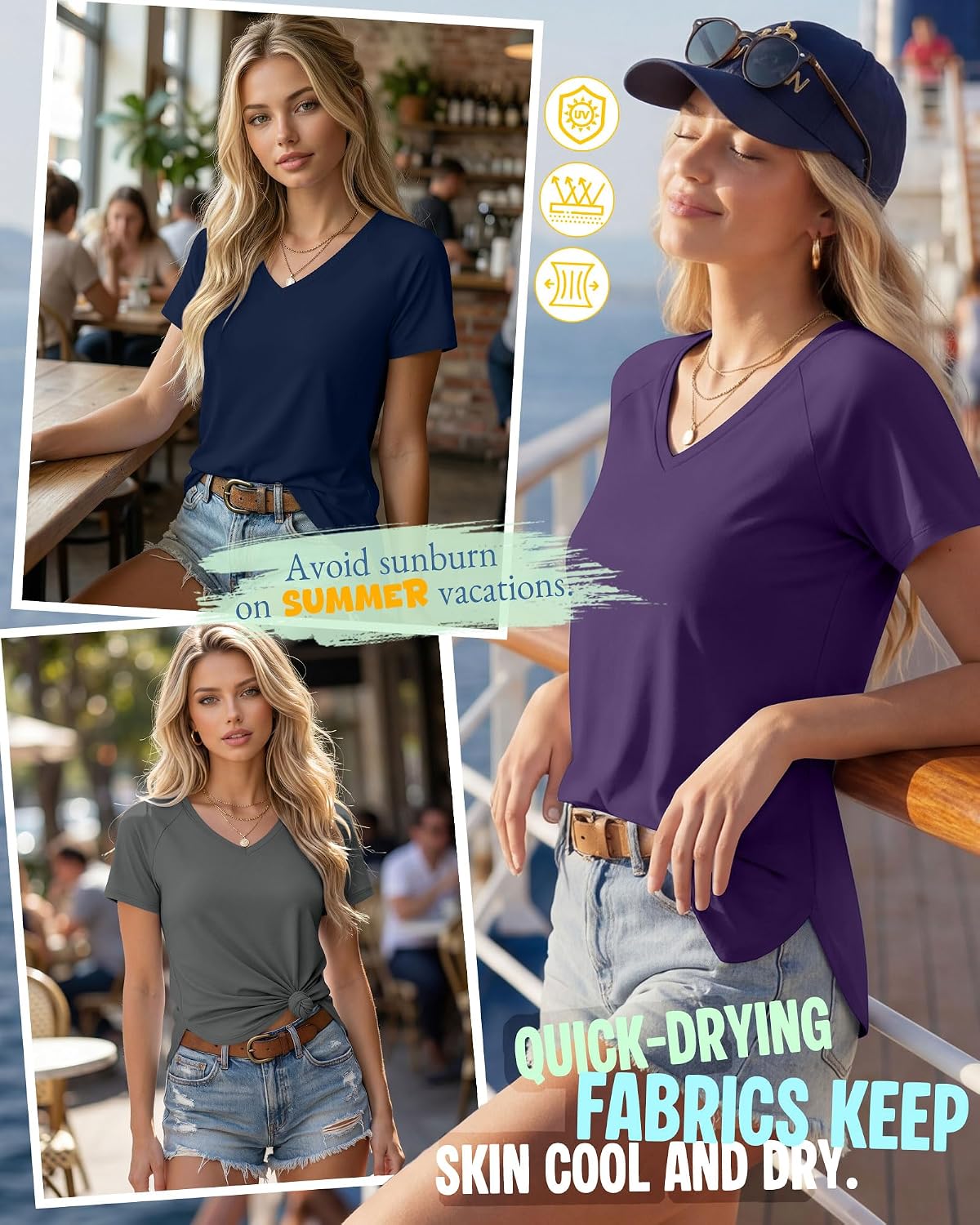 Women's 3 Pack Quick Dry V Neck Athletic T-Shirts