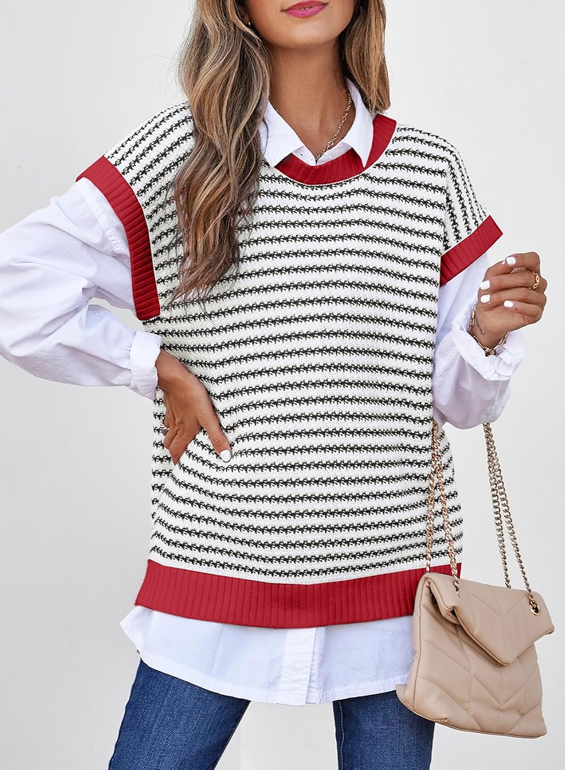 Women's Striped Crew Neck Cap Sleeve Sweater Women's Striped Crew Neck Cap Sleeve Sweater