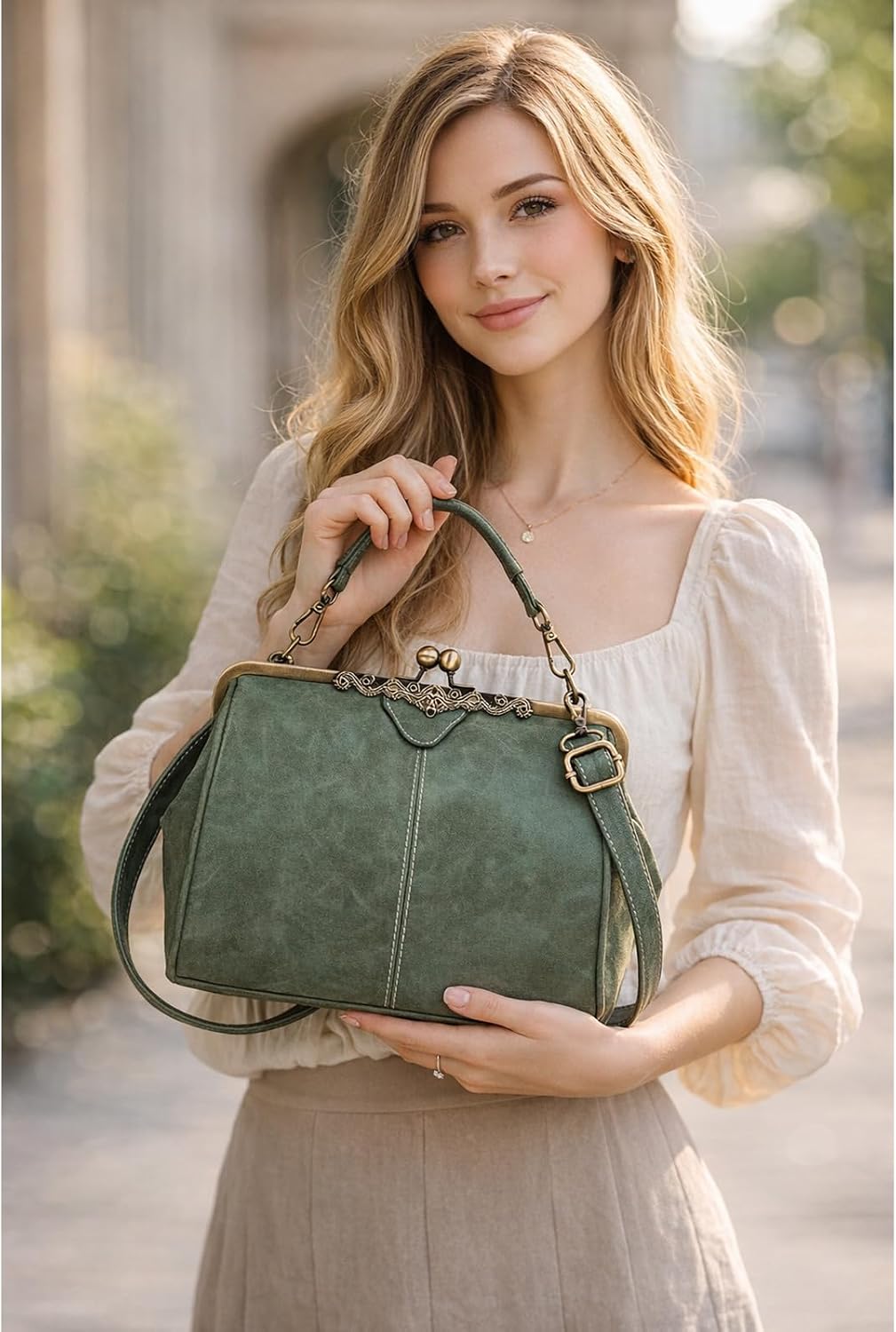Women's Vintage Kiss Lock Top Handle Satchel Bag Green Women's Vintage Kiss Lock Top Handle Satchel Bag Green