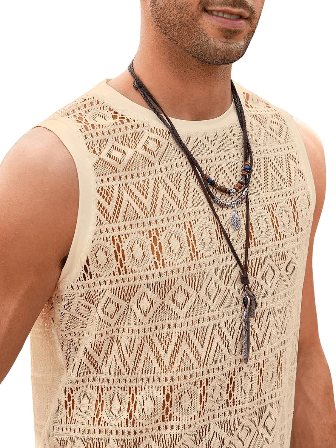 Men's Crochet Lace Tank Top Open Knit Apricot Men's Crochet Lace Tank Top Open Knit Apricot