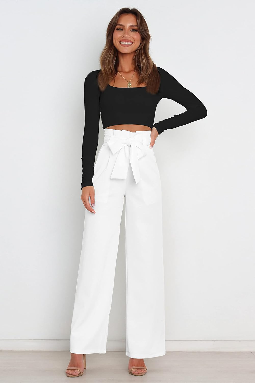 Womens Flowy Wide Leg Dress Pants High Waist Belted Business Casual Palazzo Work