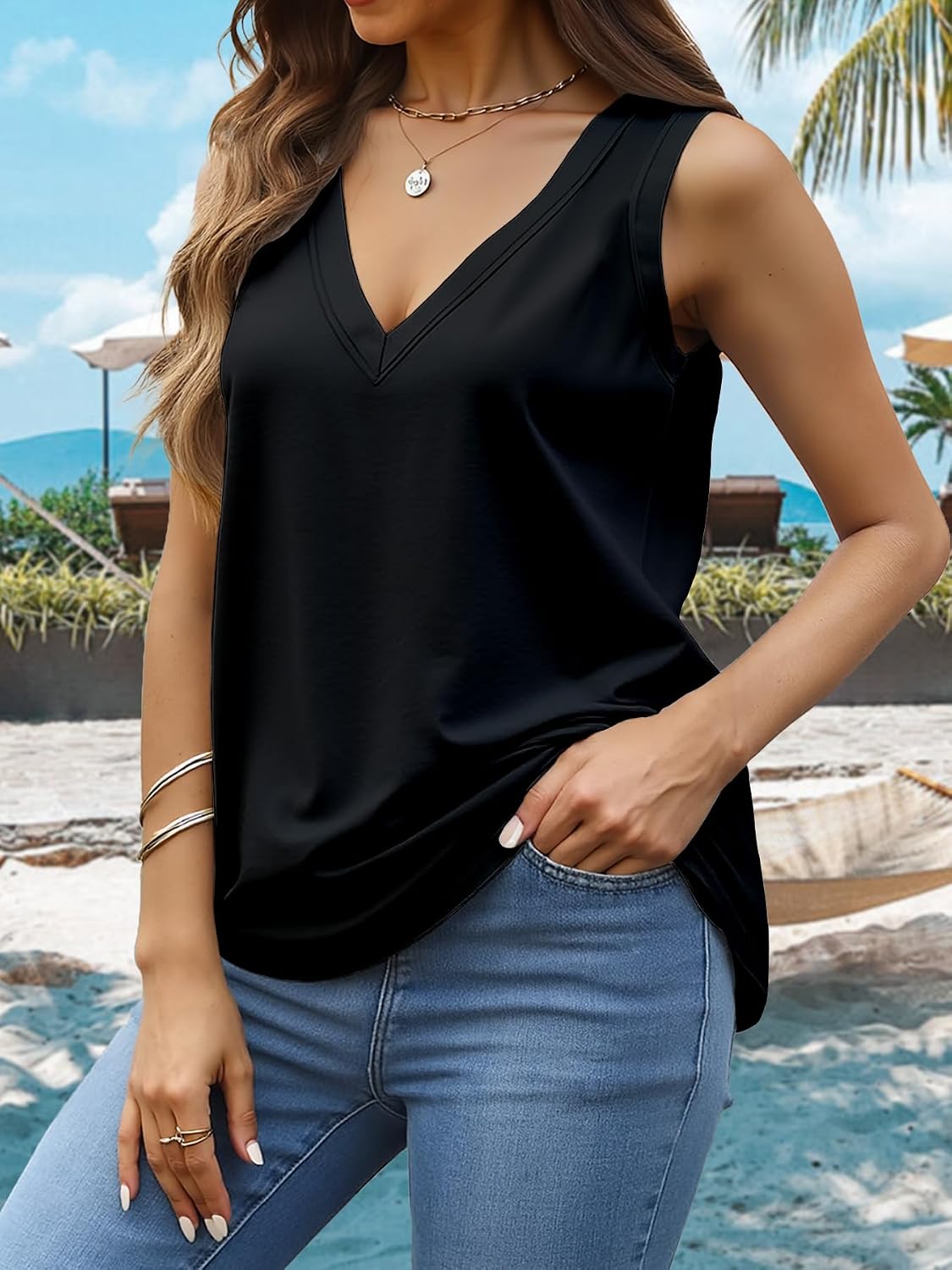 Women's Loose Fit V Neck Flowy Tank Top Black Women's Loose Fit V Neck Flowy Tank Top Black