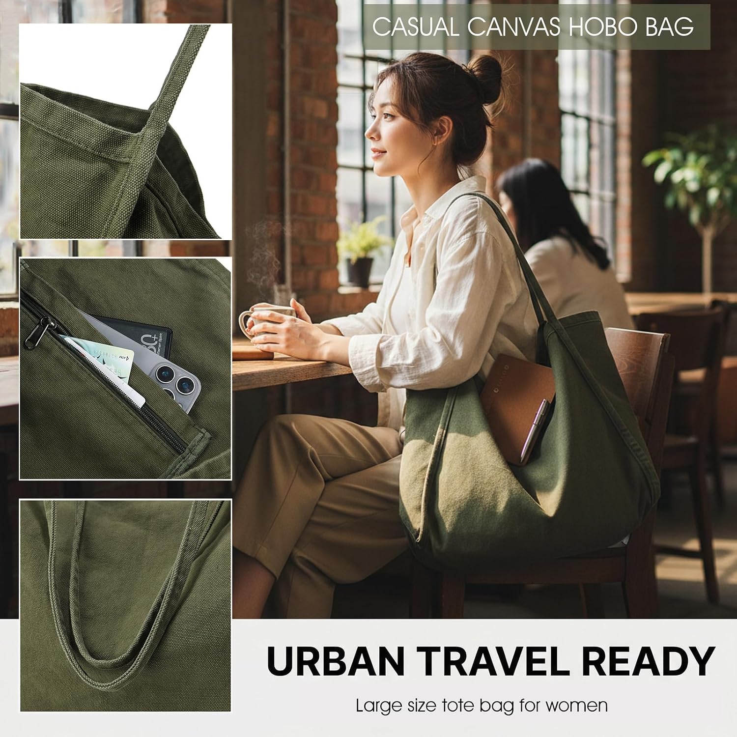 Women's Canvas Hobo Tote Bag Olive Black Brown Women's Canvas Hobo Tote Bag Olive Black Brown