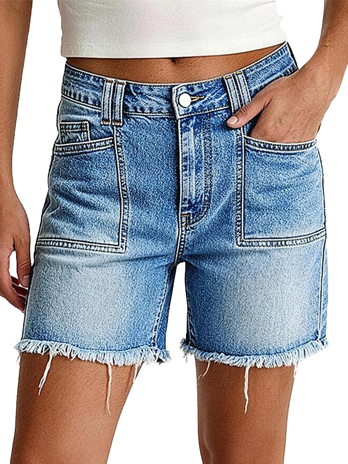 Women's Mid Rise Raw Hem Denim Shorts Light Blue