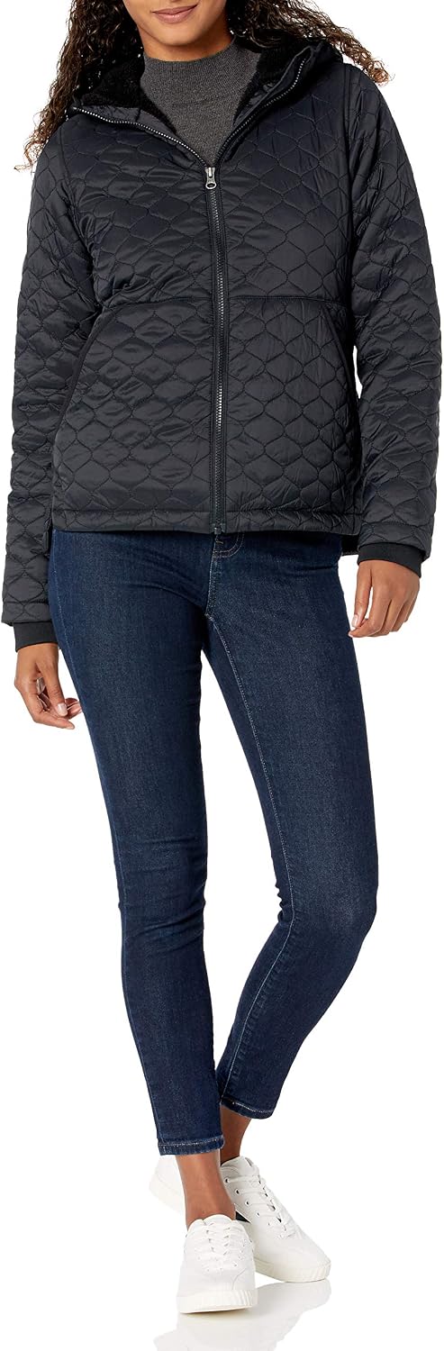 Women's Quilted Hooded Puffer Jacket Sherpa Lined Black Women's Quilted Hooded Puffer Jacket Sherpa Lined Black
