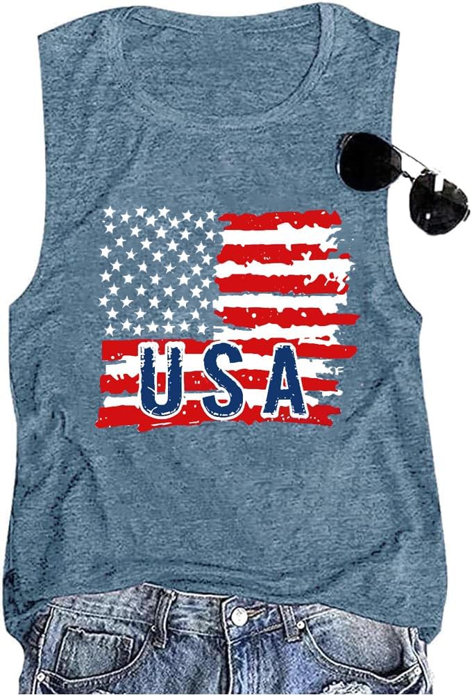 Women's USA Flag Graphic Tank Top Patriotic Sleeveless Shirt