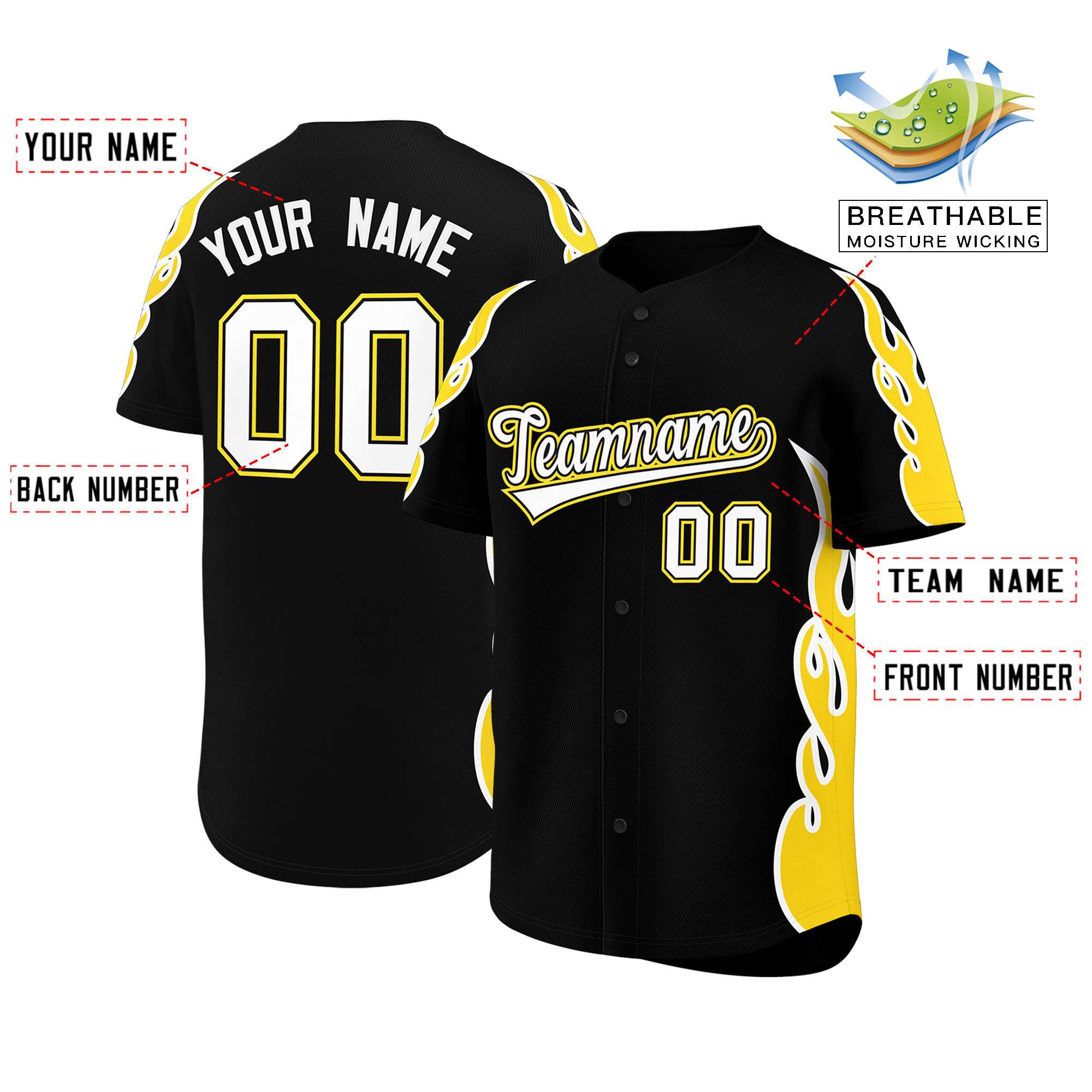 Benutzerdefiniertes Baseball-Trikot mit Seitenflammen-Umrissmuster für Sportuniformen