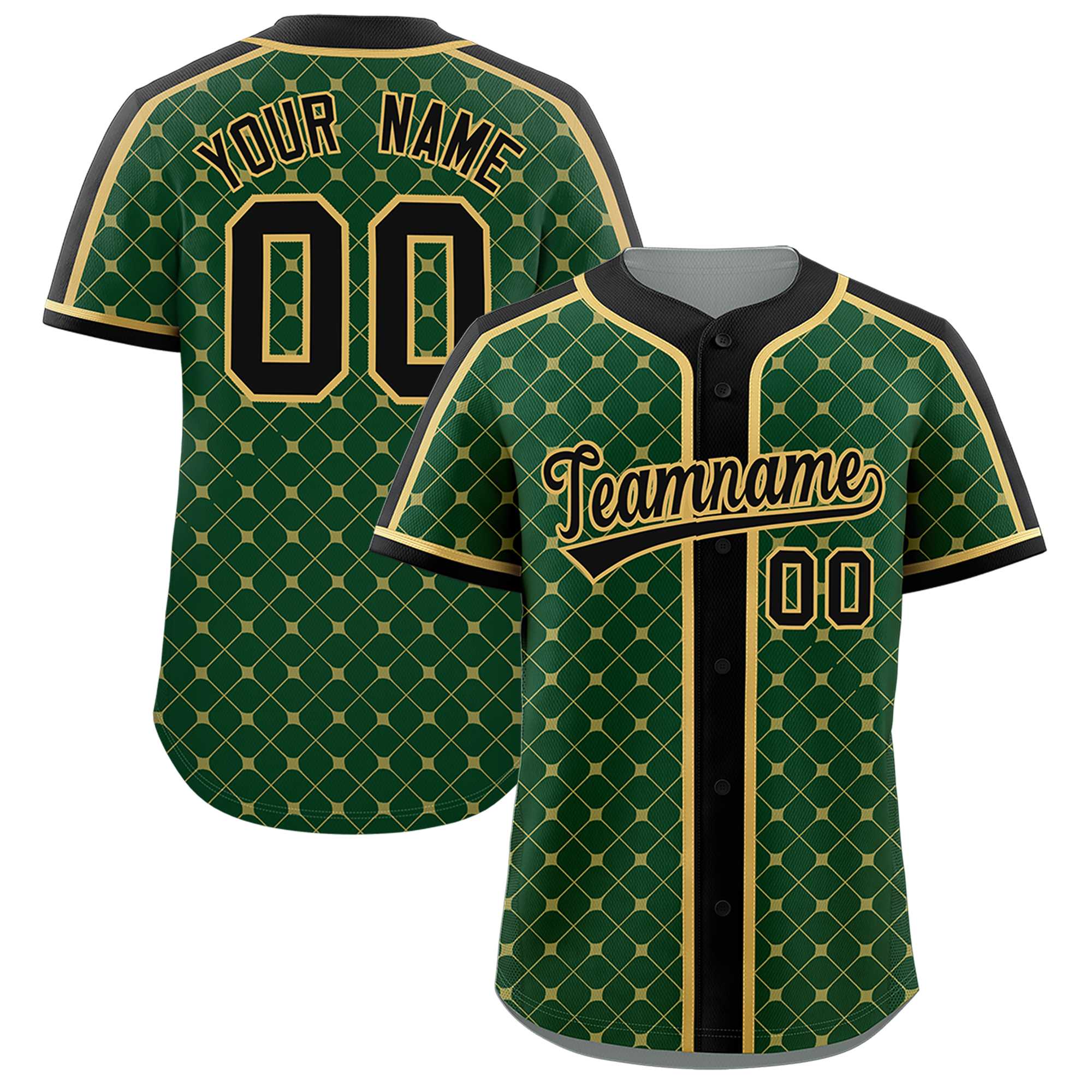 Benutzerdefiniertes authentisches Baseball-Trikot mit personalisiertem Karomuster in Grün, Schwarz und Altgold